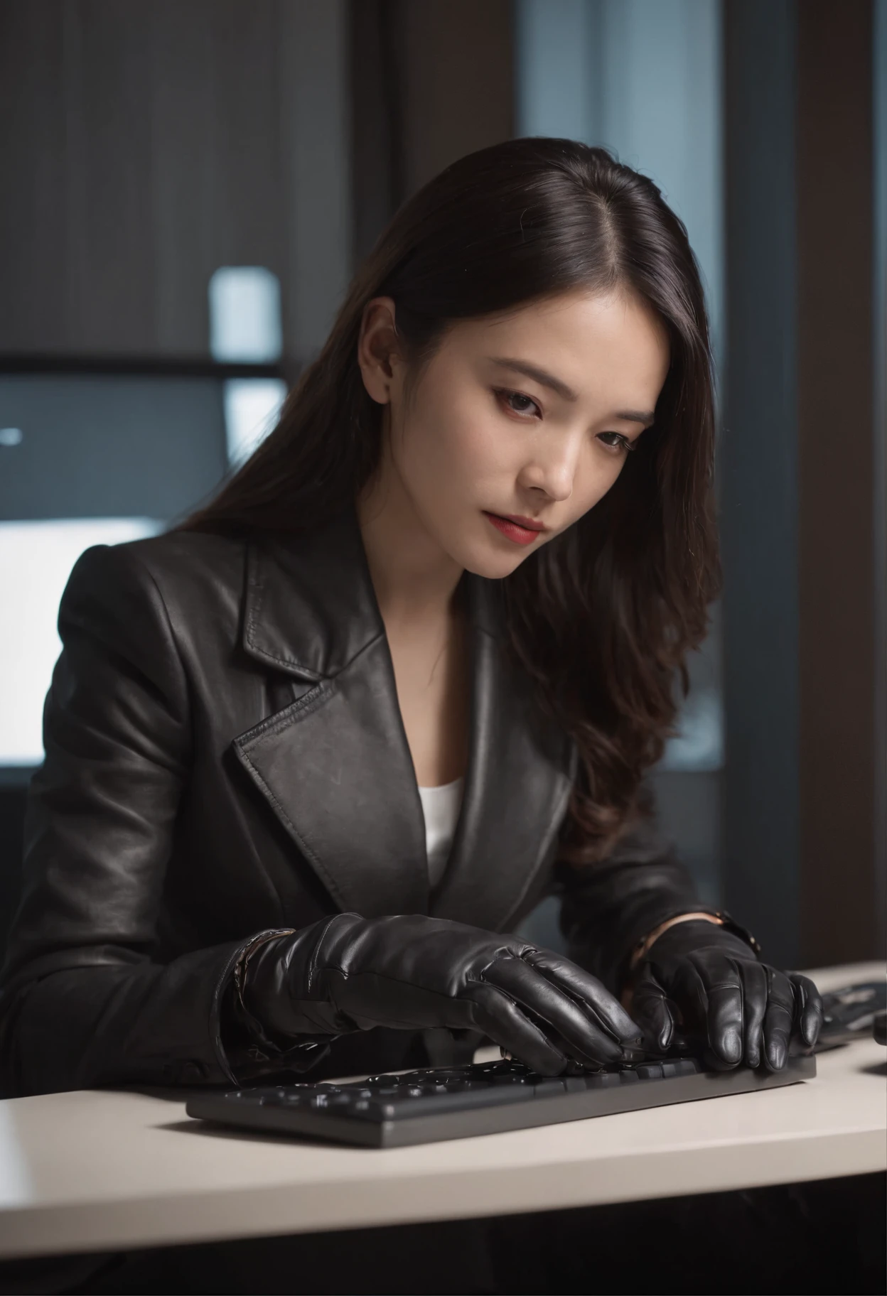 Wearing black leather gloves on both hands, Upper body, Black business suit, Facing the desk in my room with a computer in the dark, Tapping the keys on the computer keyboard with the fingertips of black leather gloves while looking at the screen, Black hair was tied back for a long time, Japan female new employees (Black leather gloves cover both hands) (The angle is in front)