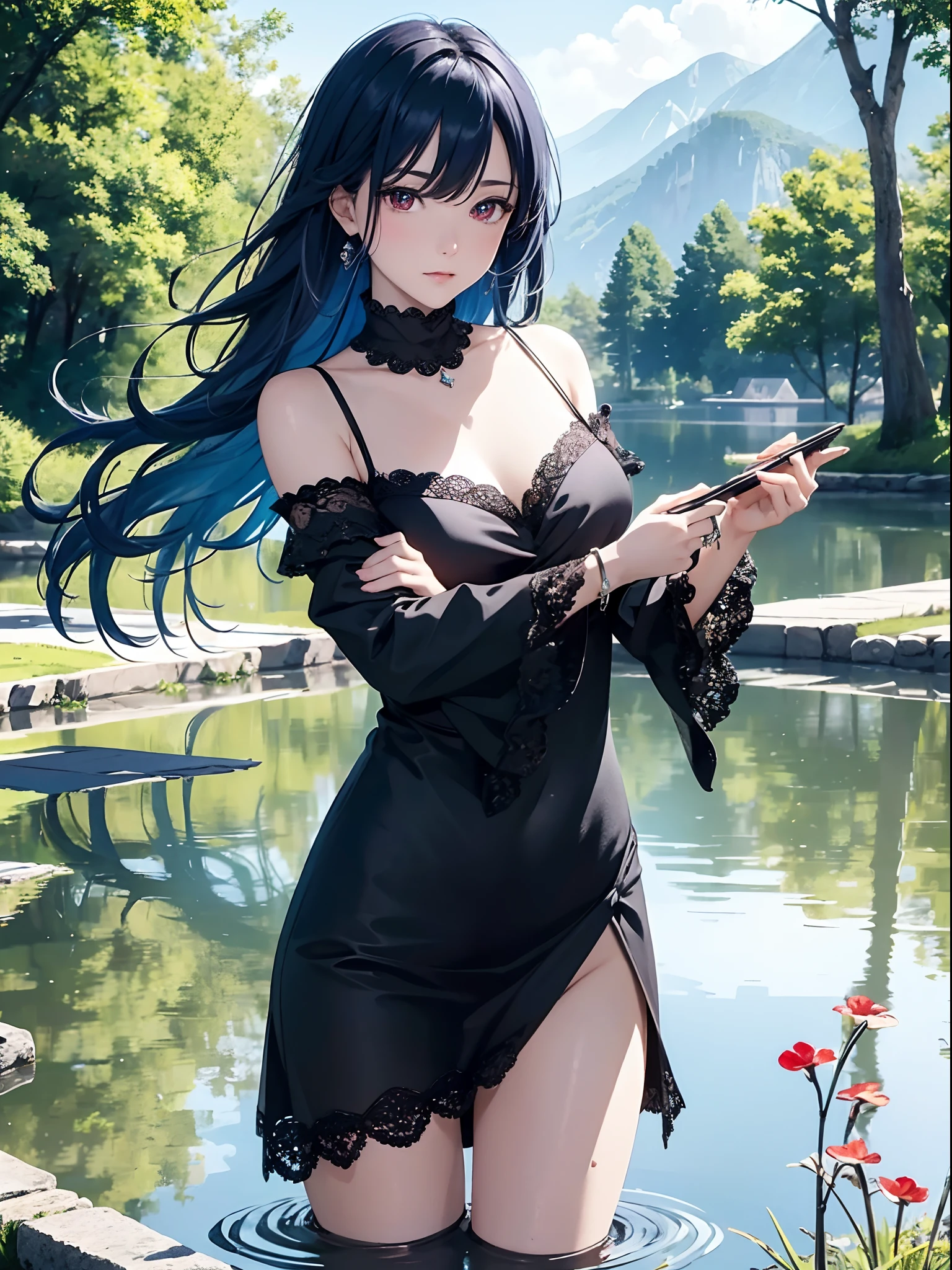 (masterpiece), ((best quality)), extremely delicate and beautiful, vibrant colors, girl, masterpiece, sharp focus, best quality, depth of field, cinematic lighting, action shot, blue hair, very long hair, red eyes, outdoors, medium breasts, black legwear, loose sweater, bare shoulders, colored inner hair, lake, stone, night sky, no clouds, reflective water, dress, 8K post-production, high resolution, hyperdetailed, depth of field, HDR, intricate