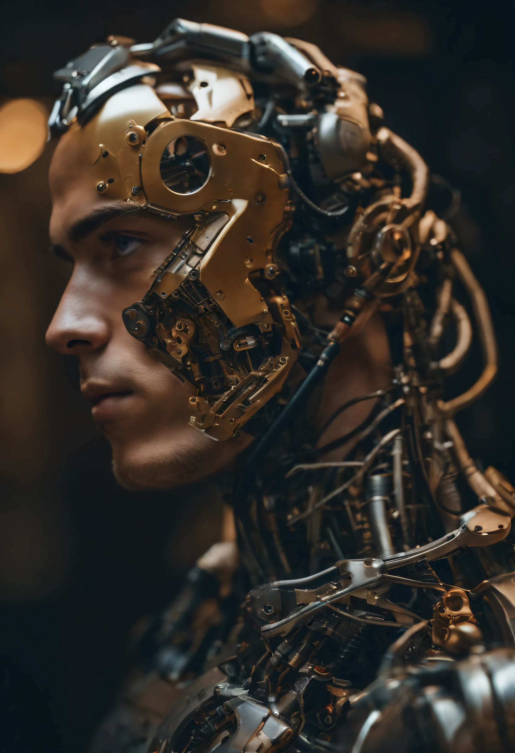 Young man with mechanical arm and structure of an artificial robot on one side of his face