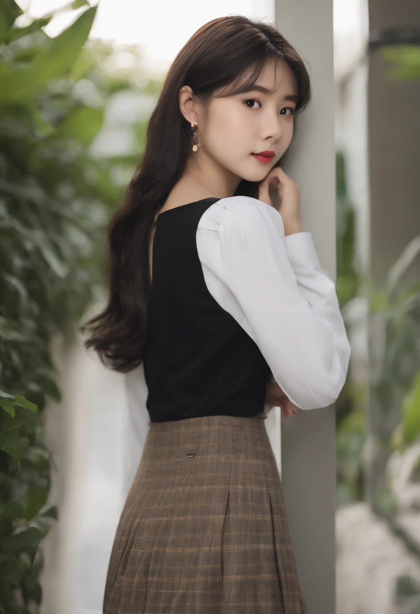 top-quality, Photorealsitic, masterpiece, 8K, Hi-Res, 独奏, 1girl, (((infp young woman))),sixteen years old、full bodyesbian、(small tits), ((Look at viewers)), (look at a camera), ((Various hairstyles close to long))、Perfect straight black hair、With bangs、 (profetional lighting), Highly detailed bright face、Gentle Japan girl、Nice smiling face、Red T-shirt(long-sleeve)、Checked pleated skirt、Standing in front of a white wall