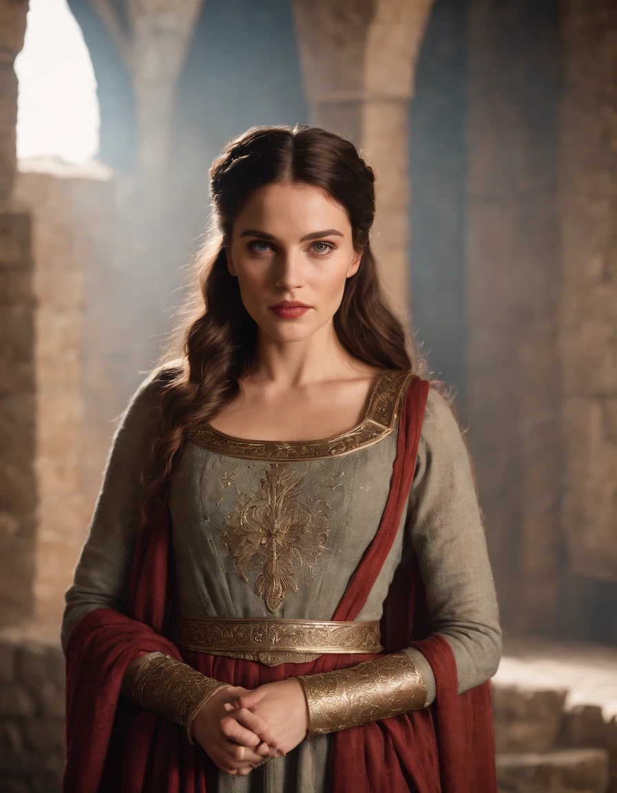 Gorgeous queen of Spartan, medieval age, indoor castle.