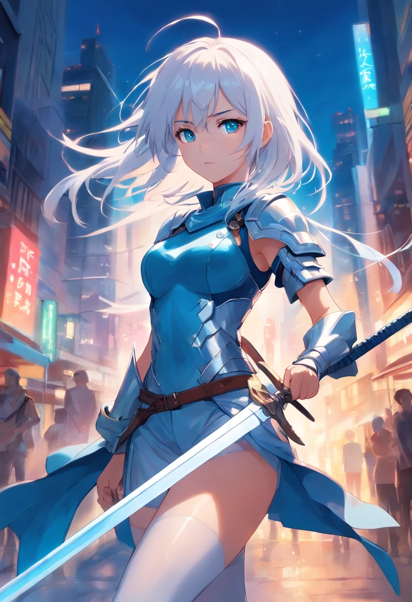 White-haired girl in armor、Blue colored eyes and blue eyes、He holds a long sword with sleepy eyes and an emotionless expression、Full body like、tights、high-heels