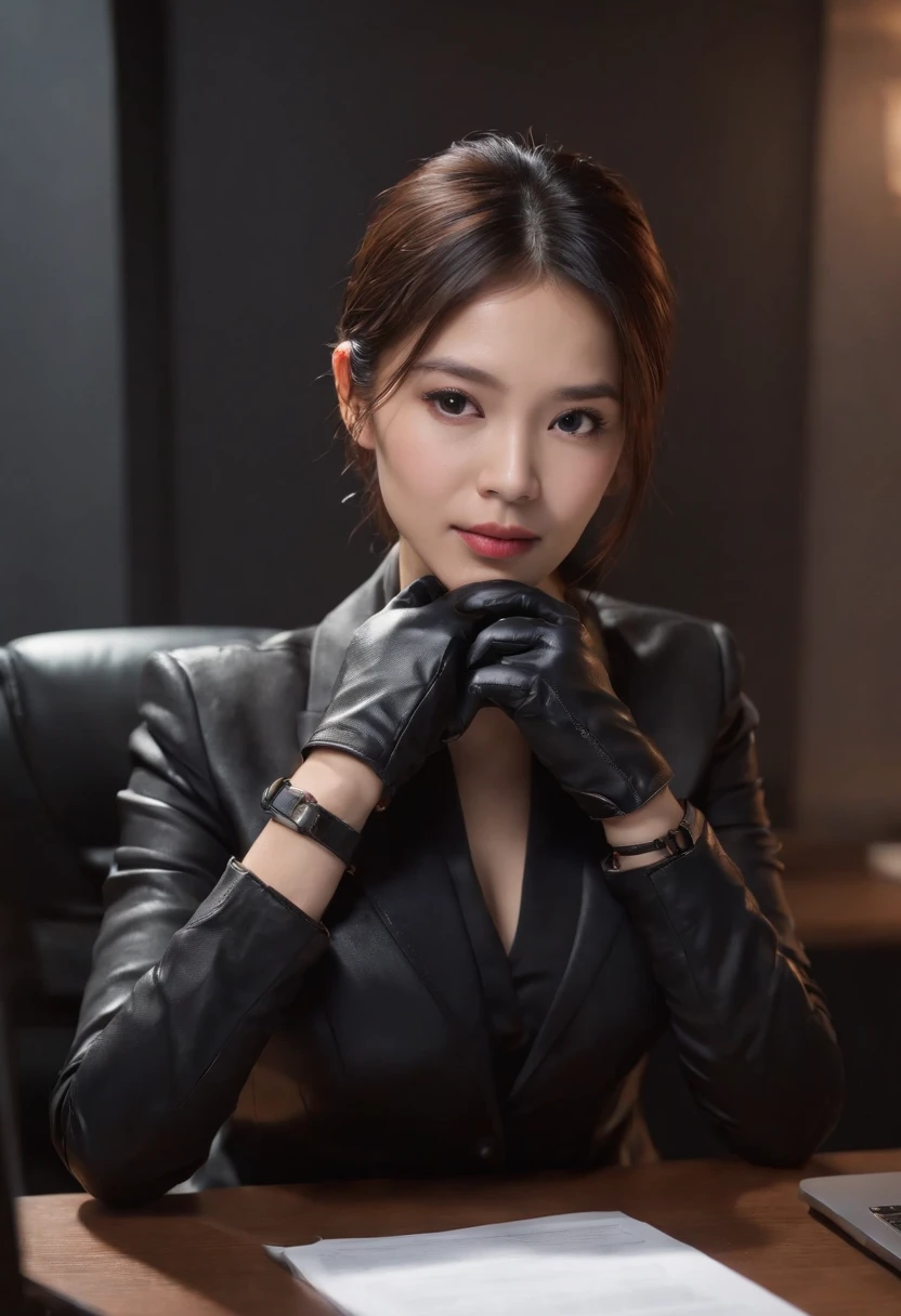 Wearing black leather gloves on both hands, Upper body, Black business suit, Facing the desk in my room with a computer in the dark, Tapping the keys on the computer keyboard with the fingertips of black leather gloves while looking at the screen, Black hair was tied back for a long time, Japan female new employees (Black leather gloves cover both hands) (The angle is in front)