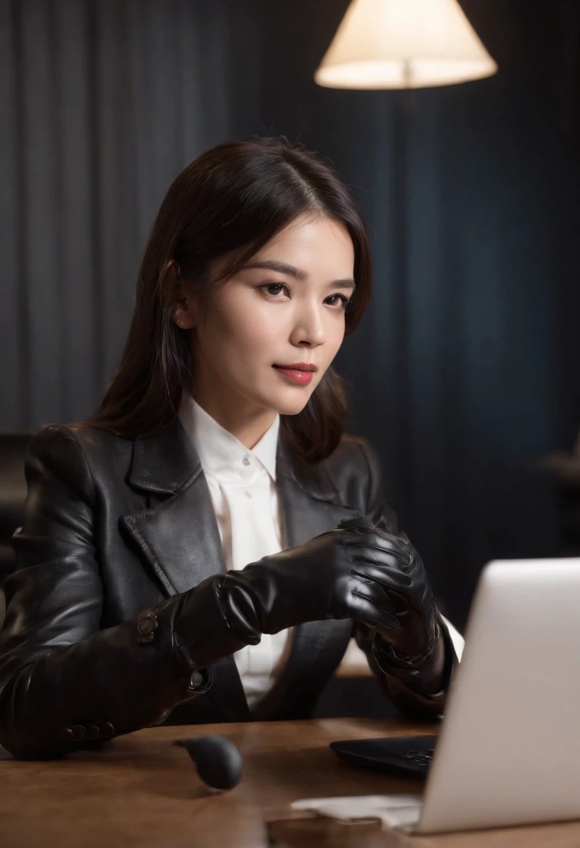 Wearing black leather gloves on both hands, Upper body, Black business suit, Facing the desk in my room with a computer in the dark, Tapping the keys on the computer keyboard with the fingertips of black leather gloves while looking at the screen, Black hair was tied back for a long time, Japan female new employees (Black leather gloves cover both hands) (The angle is in front)