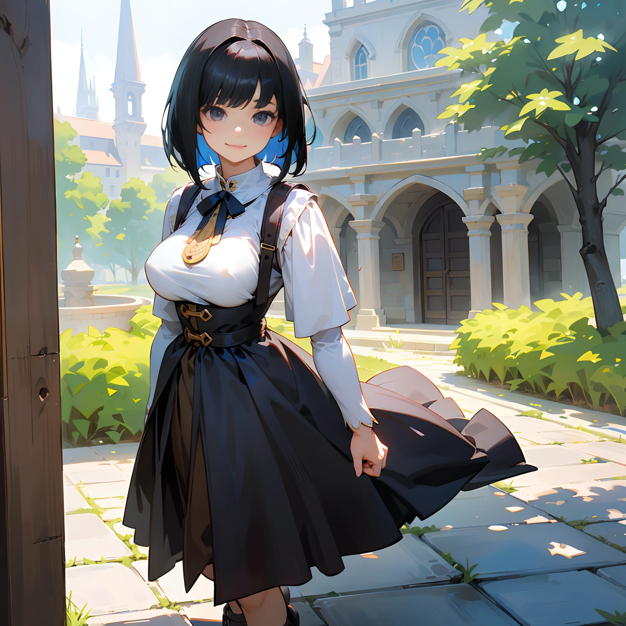With the best image quality、 girl standing alone outdoors。In high resolution、Beautiful fine details、tranquil atmosphere。((Black Hair Bob Hair))、Cute smile。(((breasts are large)))、I don't have anything in my hands、realistic hand、Medieval European national costume with short sleeves、Medieval European Streets、Leather shoes。