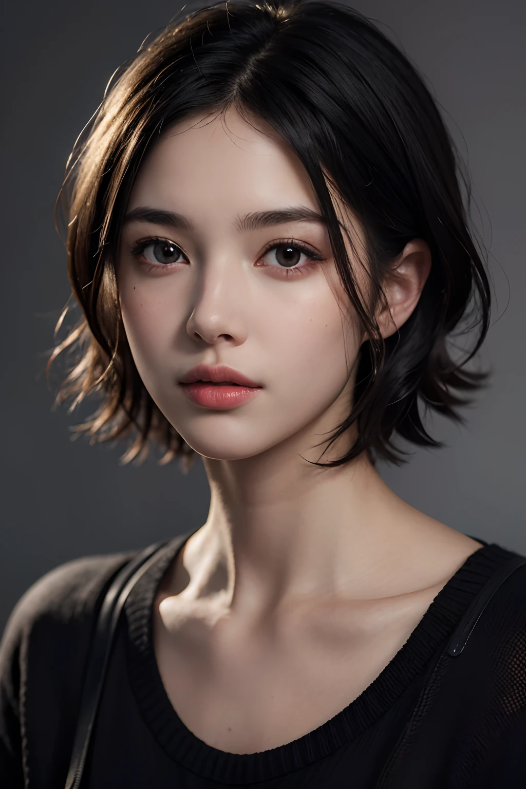 (masterpiece:1.3), (8k, photorealistic, RAW photo, best quality: 1.4), (1girl), beautiful face, (realistic face), (black hair, short hair:1.3), beautiful hairstyle, realistic eyes, beautiful detailed eyes, (realistic skin), beautiful skin, (sweater), absurdres, attractive, ultra high res, ultra realistic, highly detailed, golden ratio