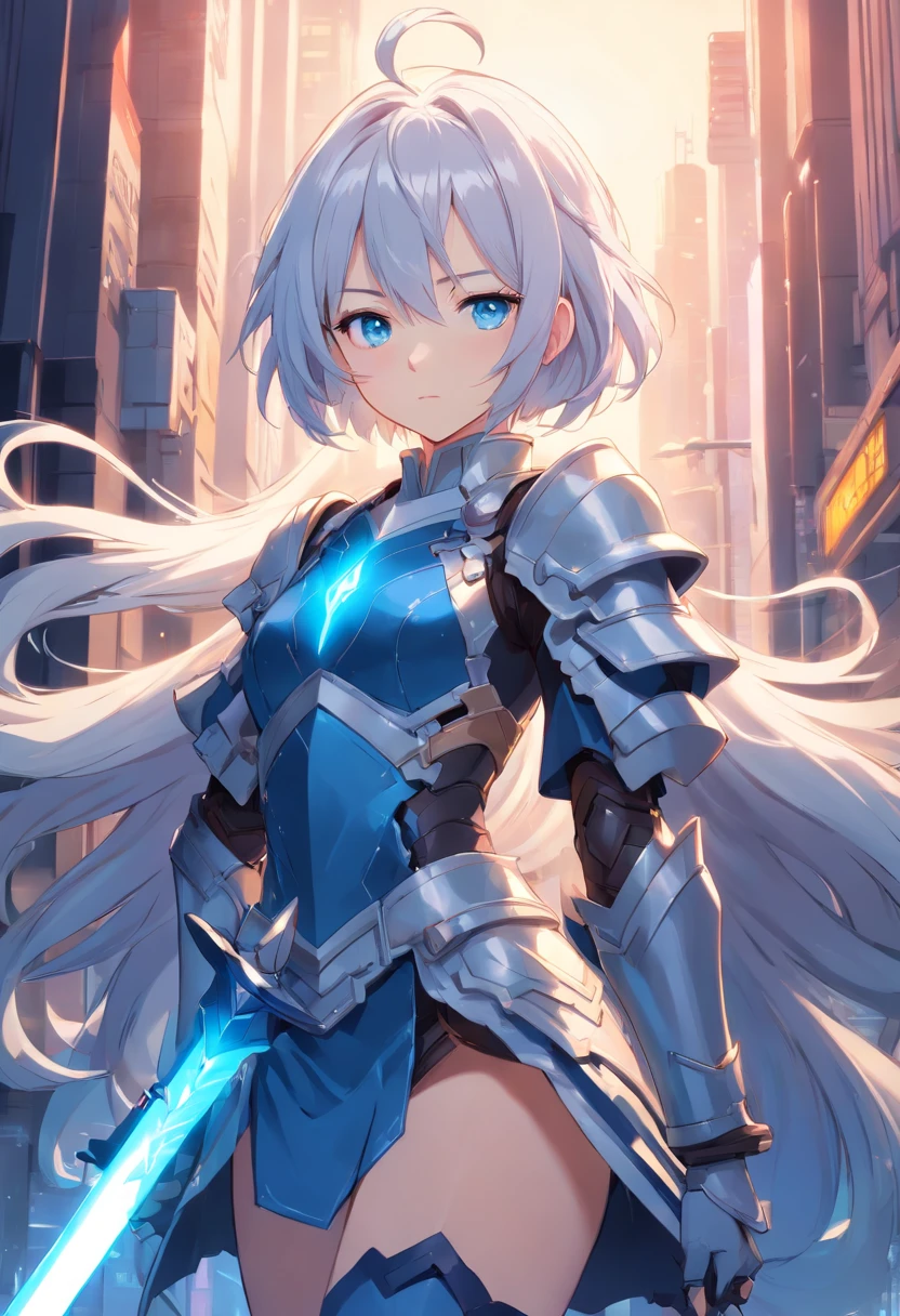 Front view、White-haired girl in armor、Blue colored eyes and blue eyes、He holds a long sword with sleepy eyes and an emotionless expression、Full body like、tights、high-heels