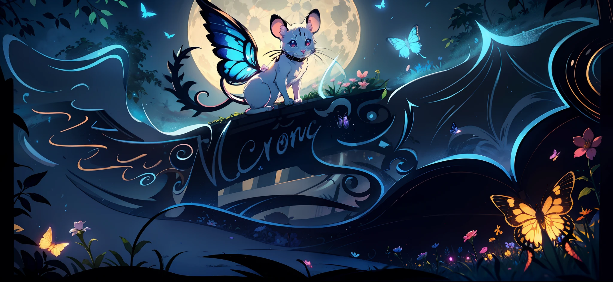 Flower garden, moon, night, Cute male mouse has angel wings, Cute male mouse devil wings, skull in the middle, bright eyes, light butterflies, kittens