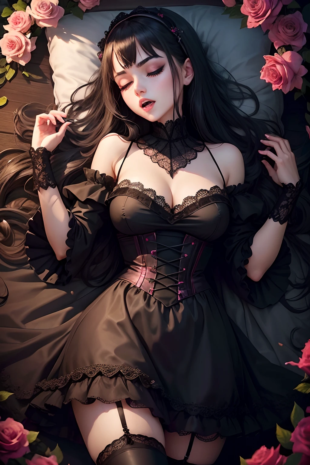 A sexy、Glamour、Gothic lolita、garterbelts、knee high socks、Beautie、Beautiful shape、boredom、Fornication、Hard Dark Gothic Makeup、bell sleeves、Wizard Sleeve、maid clothes、Dark Gothic、Longer dress、Black Dark Eyeshadow、Lace pink、Long hair straight hair、Dark blue hair、Dark Gothic Makeup、pleasured expression、18year old、Lying、seductiv、Strong sexual pleasure、Sleep with your eyes closed、chies、wretched、The face is cute、Open mouth、Put out the velo、A bed full of roses、Bed full of perfume、Wrinkles between the eyebrows、anguished expression、Dark Gothic Dresses、Masturbation、Masturbation、