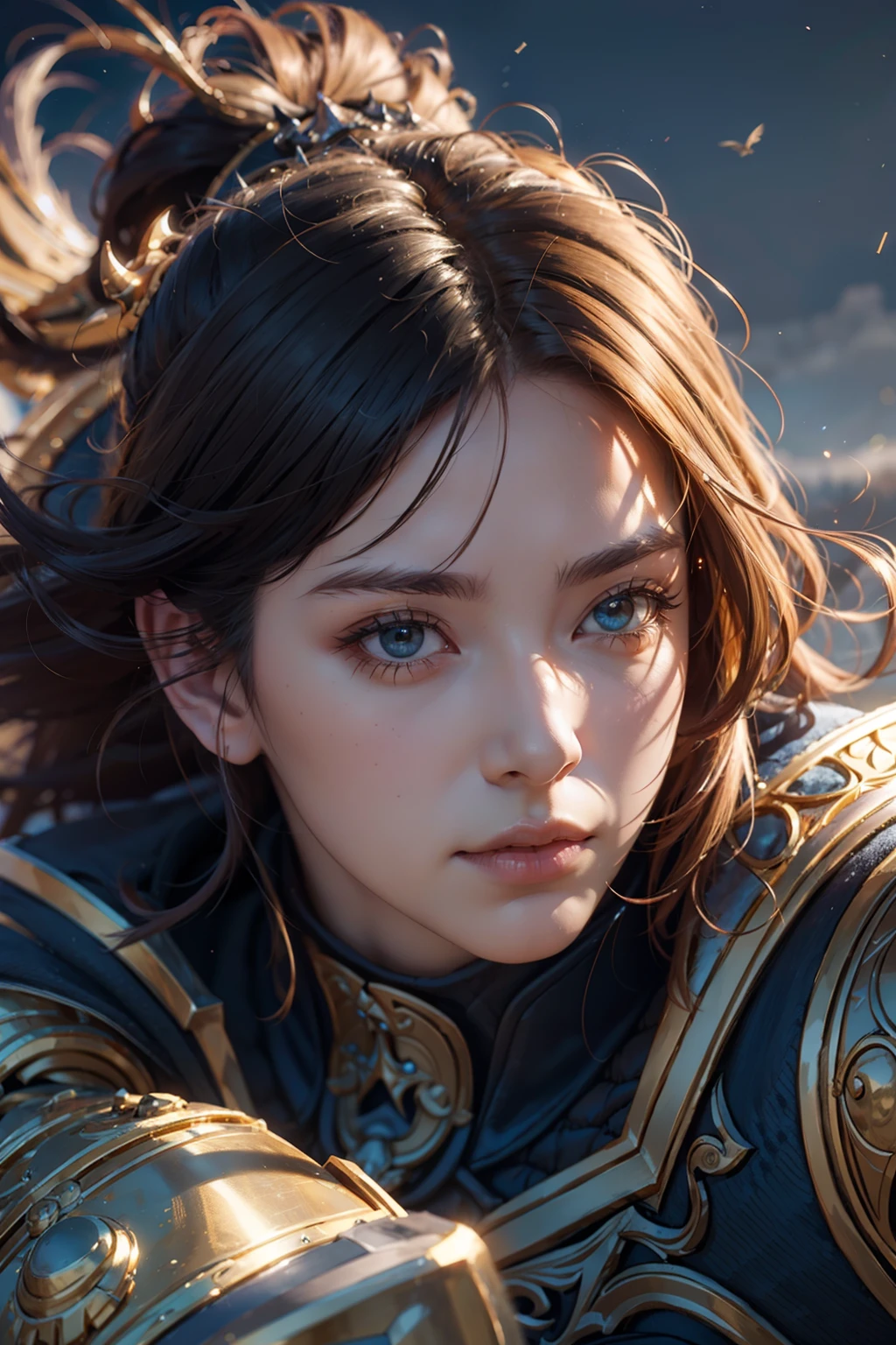 8K,ultra-detailliert, masutepiece, Best Quality, (Extremely detailed), Dynamic Angle, mysterious expression, Wind-effect, Fantasy background, Rim lighting, ciinematic light, 超A high resolution, 8K UHD, Film grain,better shadows, tender, raw, light Particle, Detailed skin texture, detailed armor texture, Detailed face, Intricate details, ultra-detailliert, Bright, Strong, golden armour, (Holding hammer), Slashing, Smashing Actions, pauldrons, glowing yellow eyes, Long cape, Fantasy, (Realistic), Shoulder Armor, with an intricate, Convoluted, Perfect litthing, Look at viewers, Cinematic lighting, Flying in the sky,Flying, Holy Light, with a vibrant, Bangs, Windy, Paladin