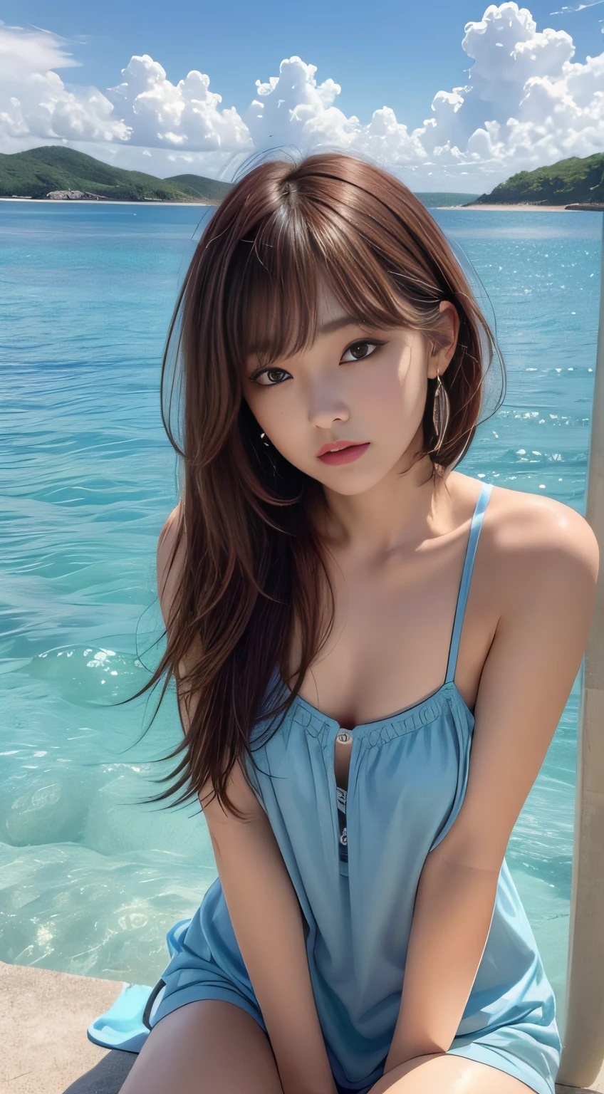 Beautuful Women、1 persons、Slouched、Blue Sea、Doggy、Bare、begging、pubick hair、Brown hair、a short bob