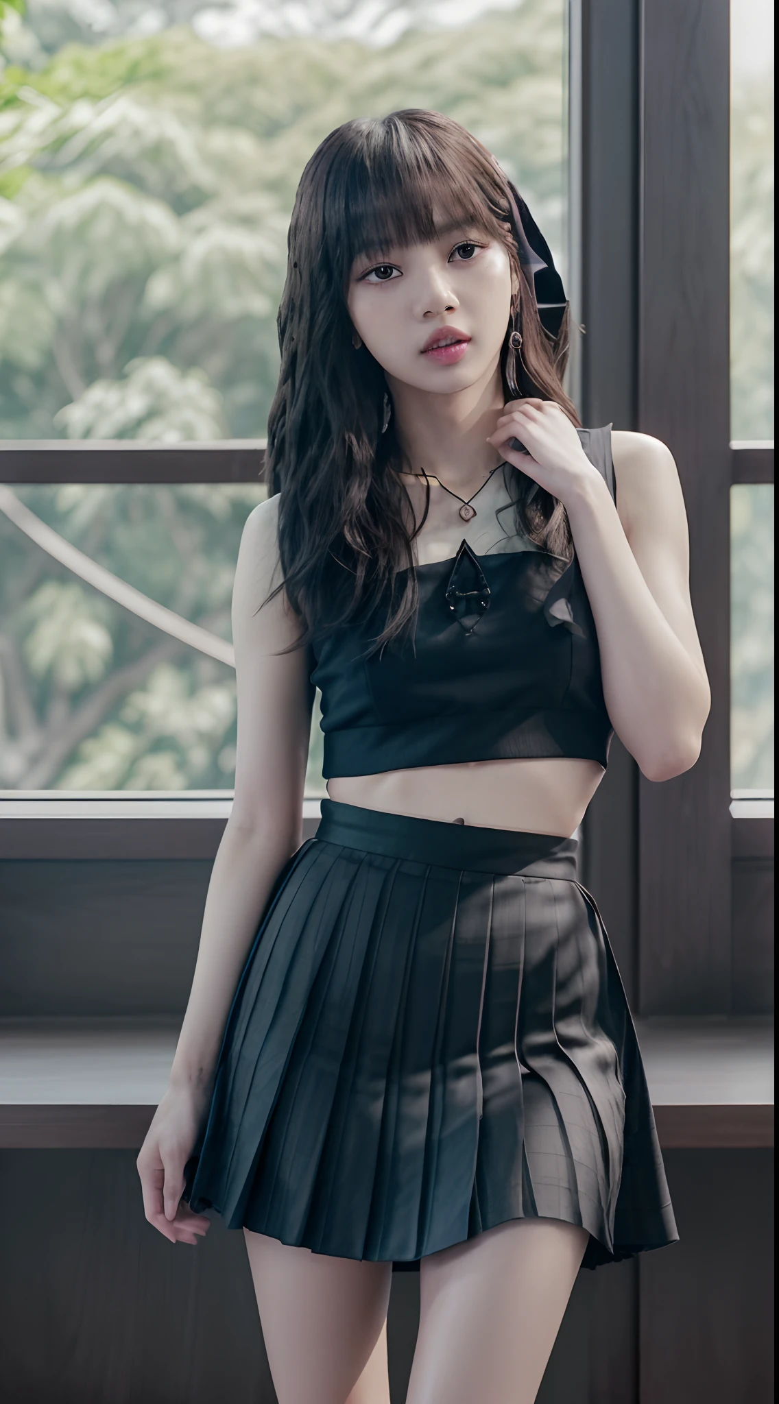 ((Lisa, BLACKPINK)), camiseta, Tiny pleated skirt, Waist-length black pantyhose, salto alto, close-up do rosto, tiro de corpo inteiro, pele muito clara, short hair, cabelos ondulados, acampamento, Floresta, fotorrealista , Indirect lighting, volumetric light, ray tracing, hiper-detalhado, best quality, high resolution, HDR, 8k