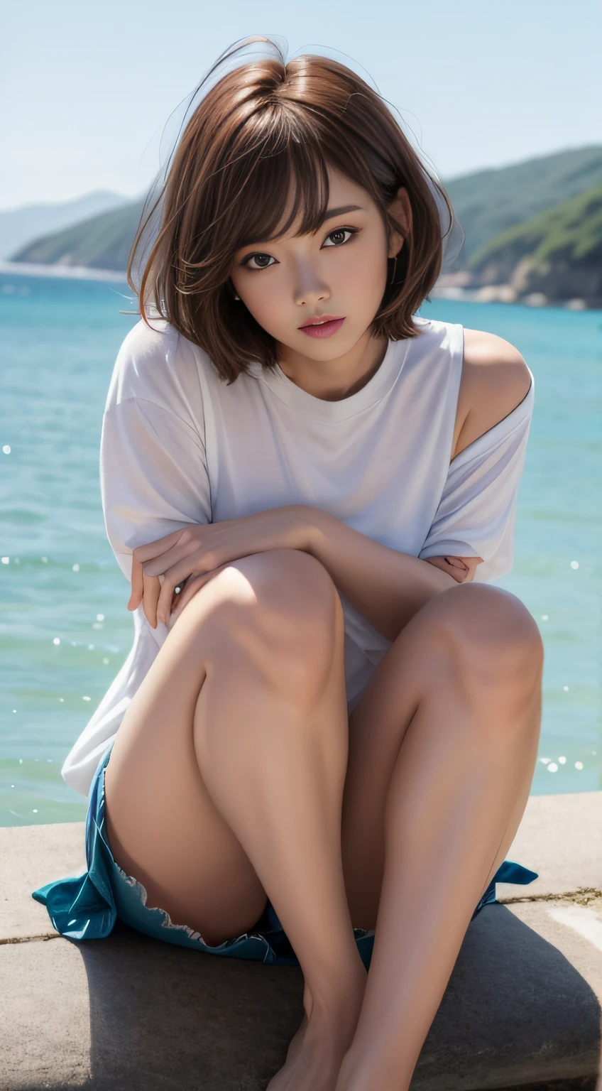 Beautuful Women、1 persons、Slouched、Blue Sea、Doggy、Bare、begging、pubick hair、Brown hair、a short bob