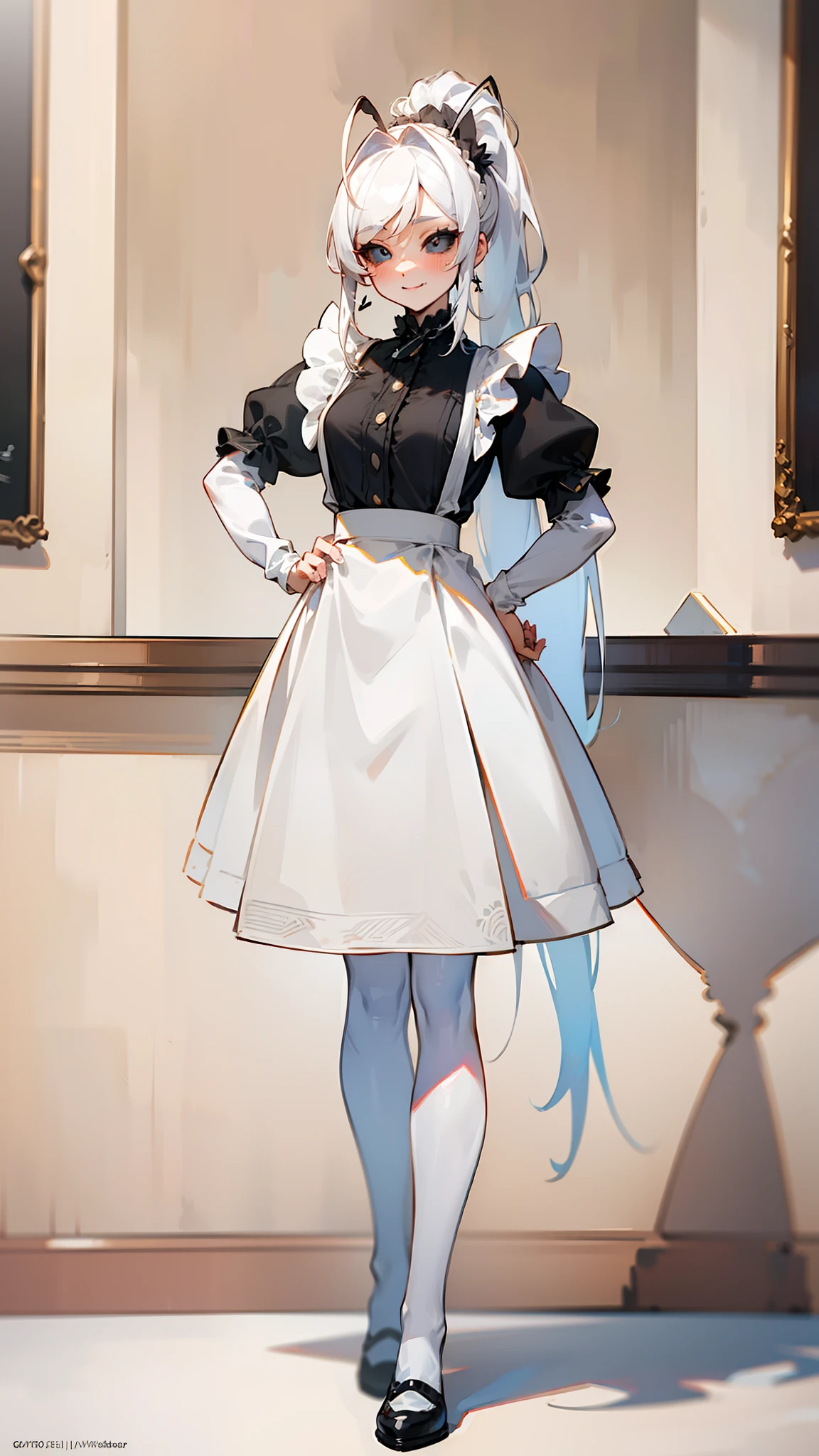 (Original Character,8k, Masterpiece, Best Quality,Detailed, Beautiful Detailed Eyes, solo,masterpiece,hd,4k),mature female,small, fine skin,blush,black eyes,black sclera,white hair,long hair,ponytail hair,white pantyhose,(((hair 2antennas large))),white maid outfit,standing in room in house, hands on hips, happy face,smile,full body
