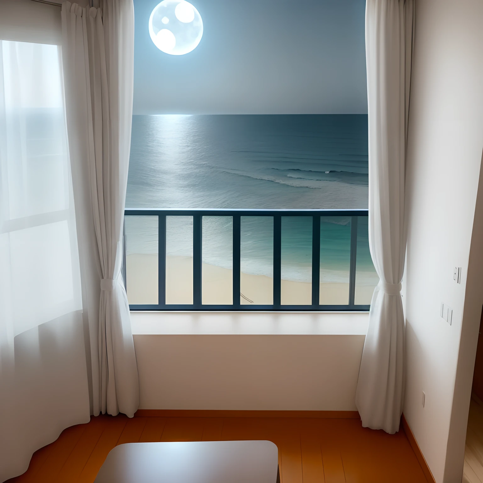 Um apartamento de frente para o mar, Panoramic view of the silver moon over the sea, part of the apartment as furniture from the living room and in the window soft breeze on the white curtain and in the background moon to Earth over the sea