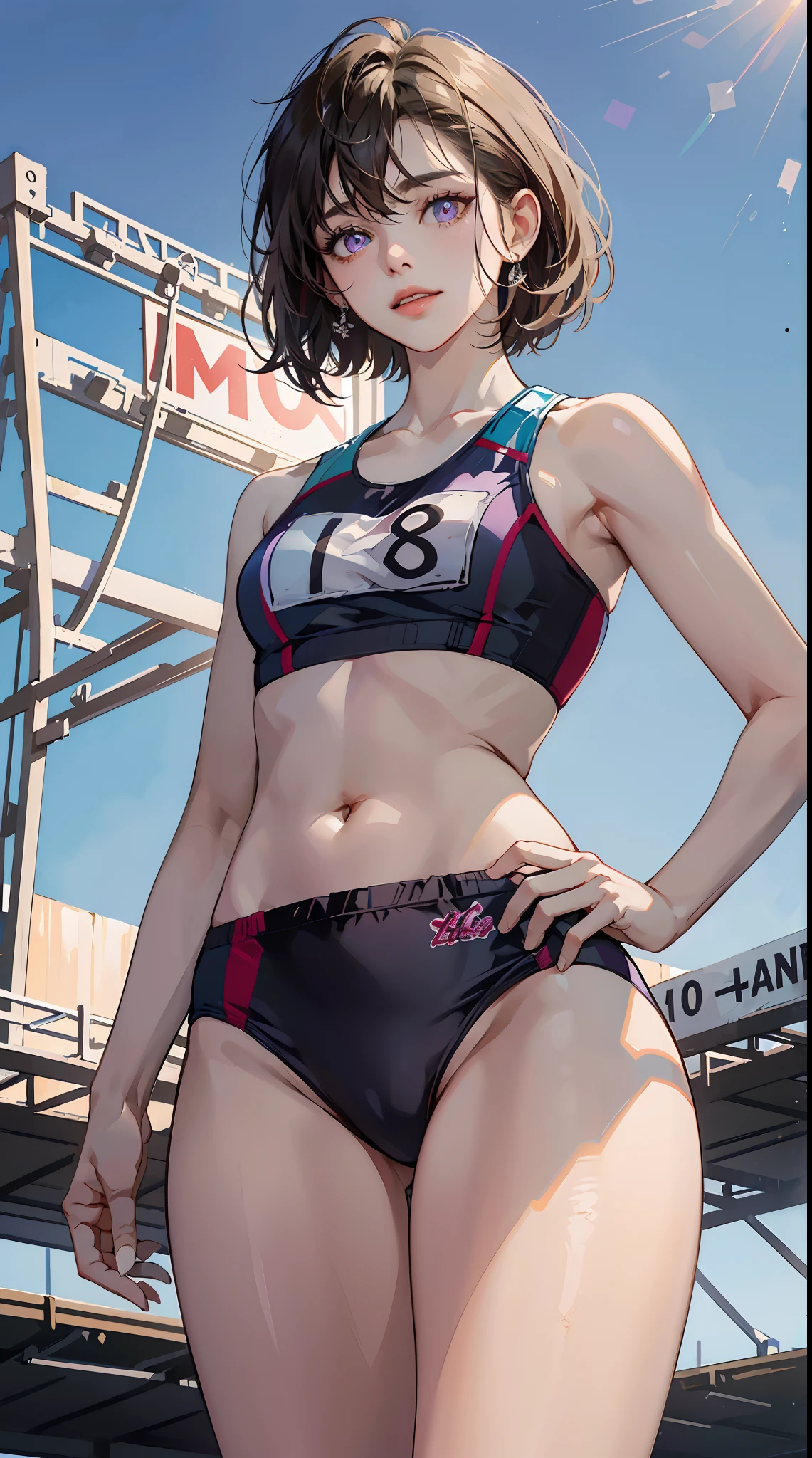 (masterpiece, best quality, thin line:1.4), 8k, 85mm portrait, raw photo, absurdres, delicate girl, cowboy shot, (thighs, from below:1.3), shiny skin, (track uniforms, sportswear, sports bras, sports bikinis:1.3), rikujou, track and field, , looking at viewer, 18yo, white short hair, bob cut, purple eyes, HDR, sharp focus, highres, photography, realistic, highest detailed, extreme detailed, ultra detailed, finely detail, detailed eyes and face, sharp pupils, realistic pupils, (smile:0.8), (bokeh background:1.2)