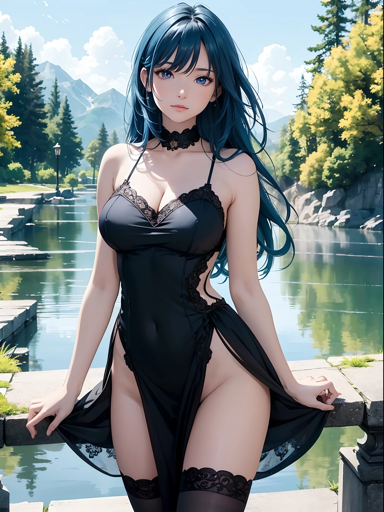 (masterpiece), ((best quality)), extremely delicate and beautiful, vibrant colors, girl, masterpiece, sharp focus, best quality, depth of field, cinematic lighting, action shot, blue hair, very long hair, red eyes, outdoors, medium breasts, black legwear, loose sweater, bare shoulders, colored inner hair, lake, stone, night sky, no clouds, reflective water, dress, 8K post-production, high resolution, hyperdetailed, depth of field, HDR, intricate