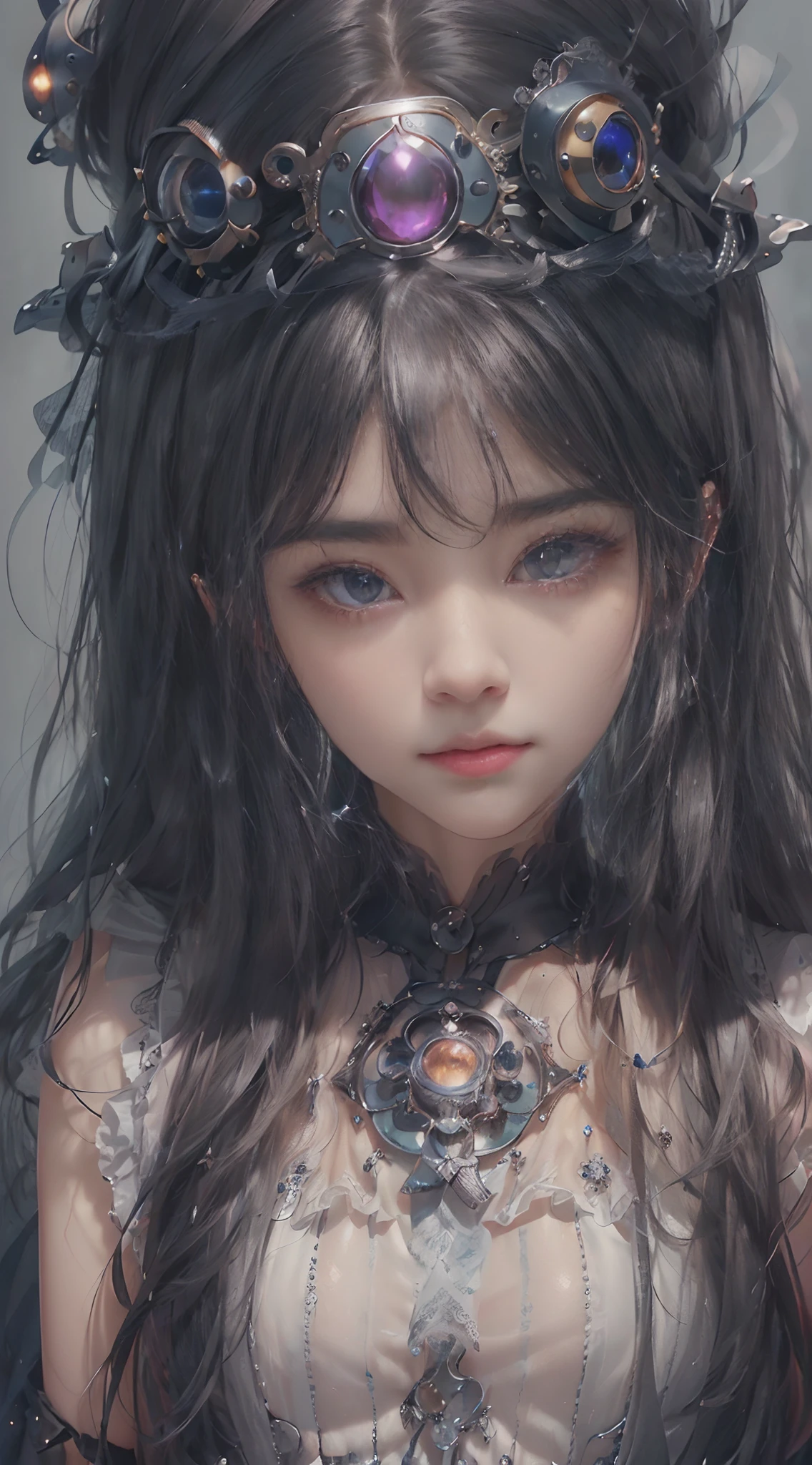 (((Masterpiece, Top quality, Ultra-detailed))), (((1 Infinite Mage Girl))), , (((Very detailed face))), Small nose, Thin lips and small mouth, (((Very keen focus eyes))), Very large slits precise light gray eyes, Sparkle like jewelry. very long eyelashes, Long black hair with black vertical curls, with fringes, ((Steampunk fashion, gothic lolita fashi