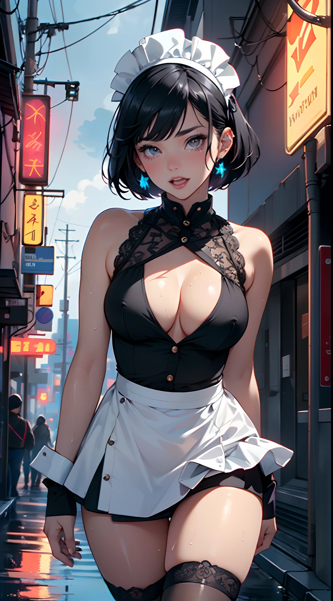 maid girl,(((1girl))),((maid girl with extremely cute and beautiful black hair)),
(large breasts:1.4),bountiful breasts,fluffy breasts,H cup bust,bust up,bulging bust top,(((black bob hair:1.35,colored inner hair,short hair,ear breathing))),((heterochromia:1.5, (purple_eye and blue_eye))),big eyes:1.3,((fat)),(((lustrous skin:1.5,bright skin: 1.5,skin tanned,shiny skin,very shiny skin,shiny body,plastic glitter skin,exaggerated shiny skin,illuminated skin,wet legs))),(spider lower abdomen,narrow waist,wide hip,athletic body,inflated legs,detailed body,(detailed face)),
cute,slutty,seductive,erotic,((nsfw)),
zettai ryouiki,(maid headdress),maid uniform,Headdress,(maid),sleeveless,mini skirt,boots,cleavage cutout,bare legs,clothes with a lot of lace frills,((wet clothes,intricate outfit,intricate clothes)),
(dynamic pose:1.0),solo focus,embarrassed,blush,sweat,((tears,open mouth)),moist eyes,(centered,scale to fit dimensions,Rule of thirds),
cyberpunk city by the ocean at night, with bright neon signs and dark stormy clouds and puddles, scenery:1.25,
artistic photography,(photography taken by sldr),highres, sharp focus, (ultra detailed, extremely detailed), (photorealistic artwork:1.37),(extremely detailed CG unity 8k wallpaper),((synthwave background theme)),(((vibrant colors))),(intricate background),(masterpiece),(best quality),