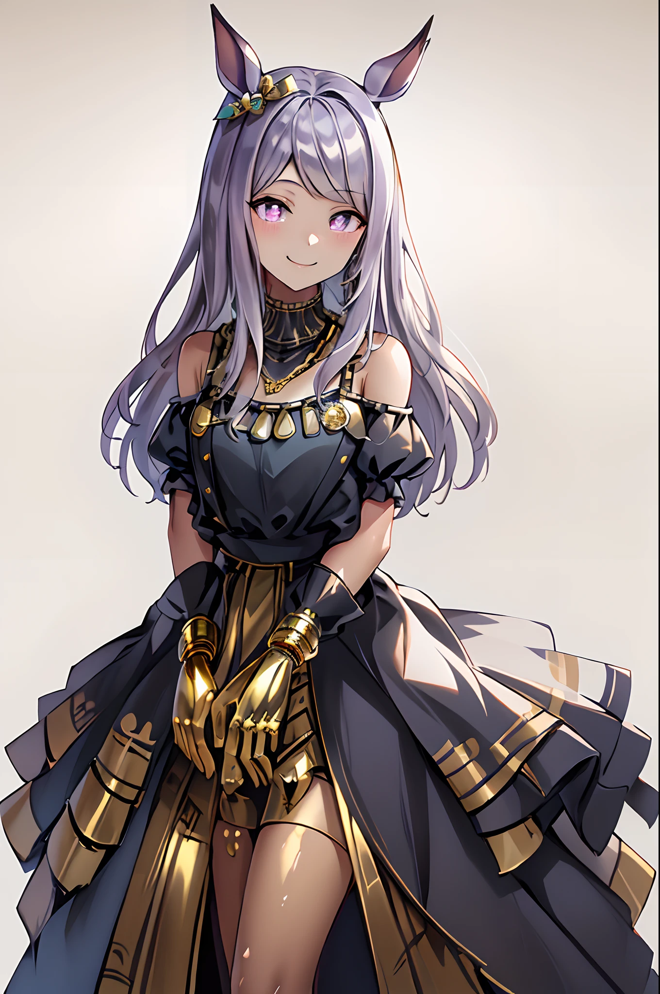 (masterpiece, best quality:1.2), Egypt, 1girl, Mejiro McQueen, Mejiro McQueen\(evening dress\), bare shoulders, bright pupils, hair_ornament, horse ears, horse girl, long hair, mejiro_mcqueen_\(umamusume\), official_alternate_costume, purple eyes, silver hair, necklace, jewelry, headdress, golden accessories, (golden), shiny glossy skin, smile, gradient background,