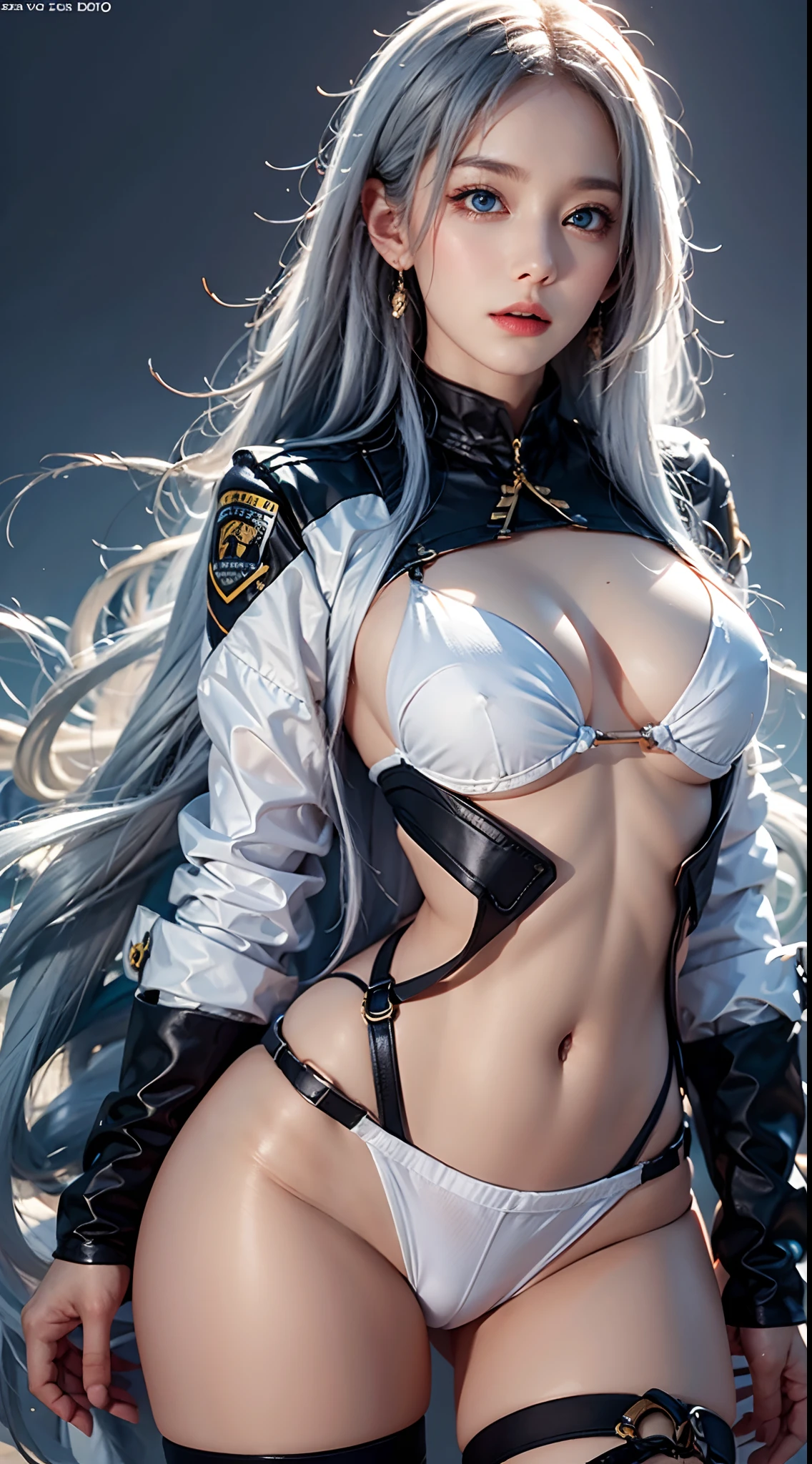 photorealistic, high resolution, soft lights, 1women, solo, hips up, blue eyes, white long hair, police uniform