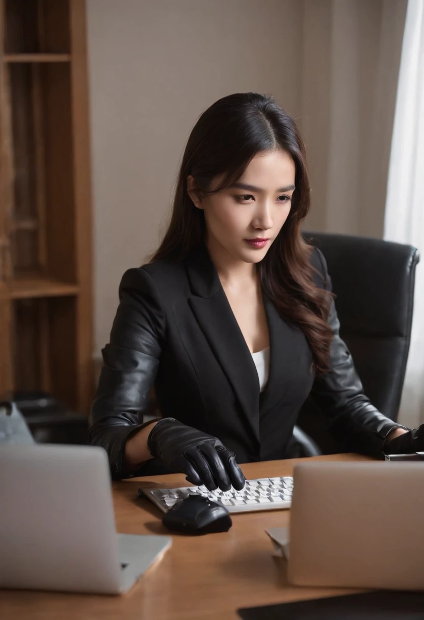 Wearing black leather gloves on both hands, Upper body, Black business suit, Facing the desk in my room with a computer in the dark, Tapping the keys on the computer keyboard with the fingertips of black leather gloves while looking at the screen, Black hair was tied back for a long time, Japan female new employees (Black leather gloves cover both hands) (The angle is in front)