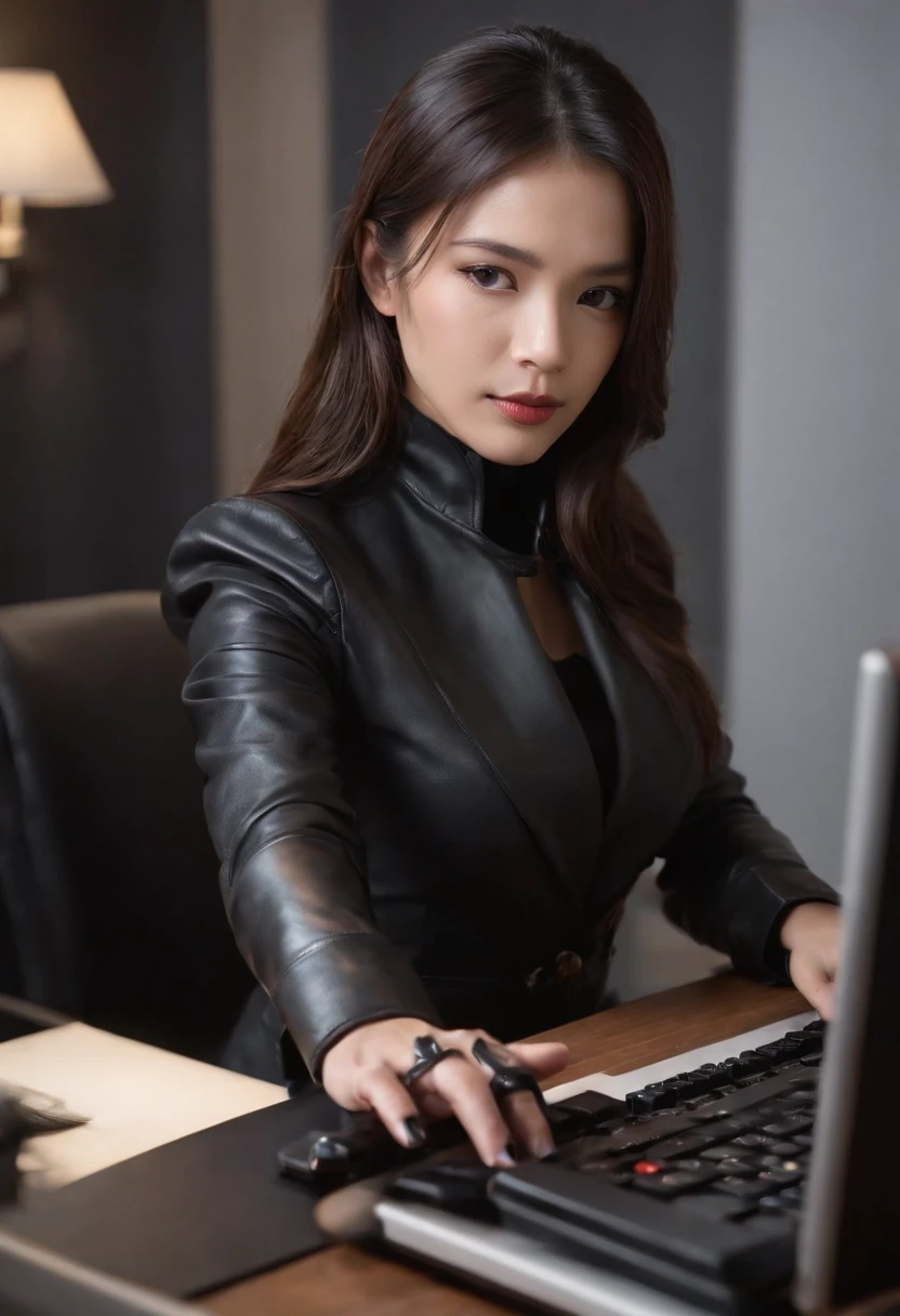 Wearing black leather gloves on both hands, Upper body, Black business suit, Facing the desk in my room with a computer in the dark, Tapping the keys on the computer keyboard with the fingertips of black leather gloves while looking at the screen, Black hair was tied back for a long time, Japan female new employees (Black leather gloves cover both hands) (The angle is in front)