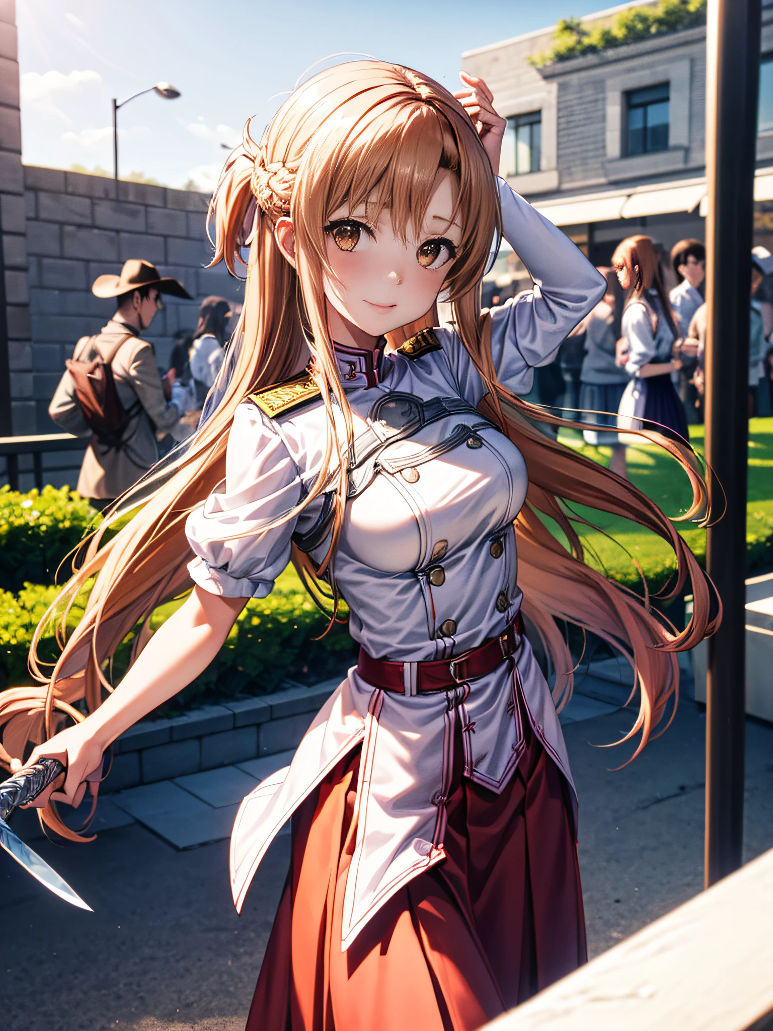 white backgrounid、Kawaii Girl,   Realistic portrayal, Attractive eyes、 (Best Quality,8ＫImagen,High resolution:1.2),Intricately detailed,[3D images:1.35] 、[Asuna frolicking with a sword in the park:1.20]、High school students, White and red uniform,realisitic、a picture、、[[In high-quality anime、Cute Asuna with brown hair and brown eyes:1.15]],Ultra-detailed, Long straight hair, poneyTail、((Long skirt}}、Cowboy Shot