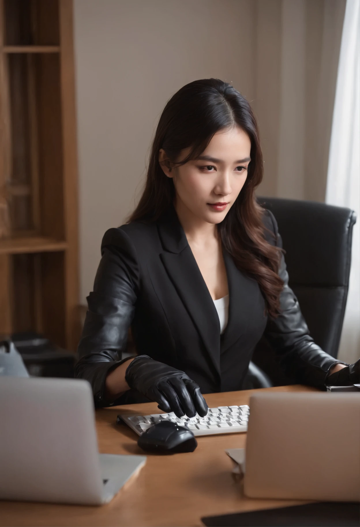 Wearing black leather gloves on both hands, Upper body, Black business suit, Facing the desk in my room with a computer in the dark, Tapping the keys on the computer keyboard with the fingertips of black leather gloves while looking at the screen, Black hair was tied back for a long time, Japan female new employees (Black leather gloves cover both hands) (The angle is in front)