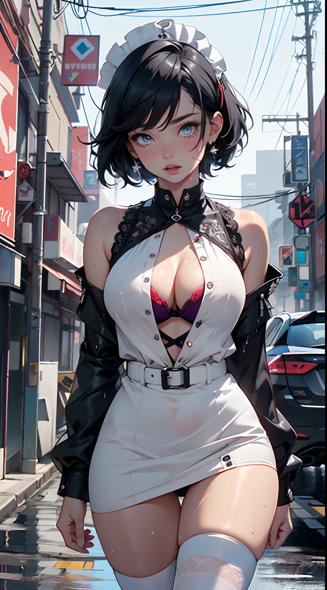 maid girl,(((1girl))),((maid girl with extremely cute and beautiful black hair)),

(large breasts:1.4),bountiful breasts,fluffy breasts,H cup bust,bust up,bulging bust top,(((black bob hair:1.35,colored inner hair,short hair,ear breathing))),((heterochromia:1.5, (purple_eye and blue_eye))),big eyes:1.3,((fat)),(((lustrous skin:1.5,bright skin: 1.5,skin tanned,shiny skin,very shiny skin,shiny body,plastic glitter skin,exaggerated shiny skin,illuminated skin,wet legs))),(spider lower abdomen,narrow waist,wide hip,athletic body,inflated legs,detailed body,(detailed face)),

cute,slutty,seductive,erotic,((nsfw)),

zettai ryouiki,(maid headdress),maid uniform,Headdress,(maid),sleeveless,mini skirt,boots,cleavage cutout,bare legs,clothes with a lot of lace frills,((wet clothes,intricate outfit,intricate clothes)),

(dynamic pose:1.0),solo focus,embarrassed,blush,sweat,((tears,open mouth)),moist eyes,(centered,scale to fit dimensions,Rule of thirds),

cyberpunk city by the ocean at night, with bright neon signs and dark stormy clouds and puddles, scenery:1.25,

artistic photography,(photography taken by sldr),highres, sharp focus, (ultra detailed, extremely detailed), (photorealistic artwork:1.37),(extremely detailed CG unity 8k wallpaper),((synthwave background theme)),(((vibrant colors))),(intricate background),(masterpiece),(best quality),