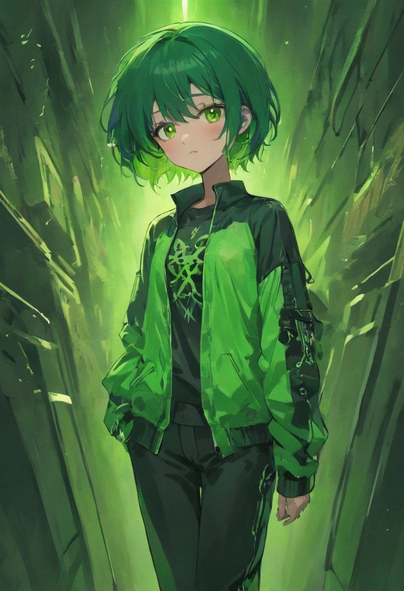 2D, Green And Black Hair, Green Skeleton Shirt, black green phonk pants, chain in neck