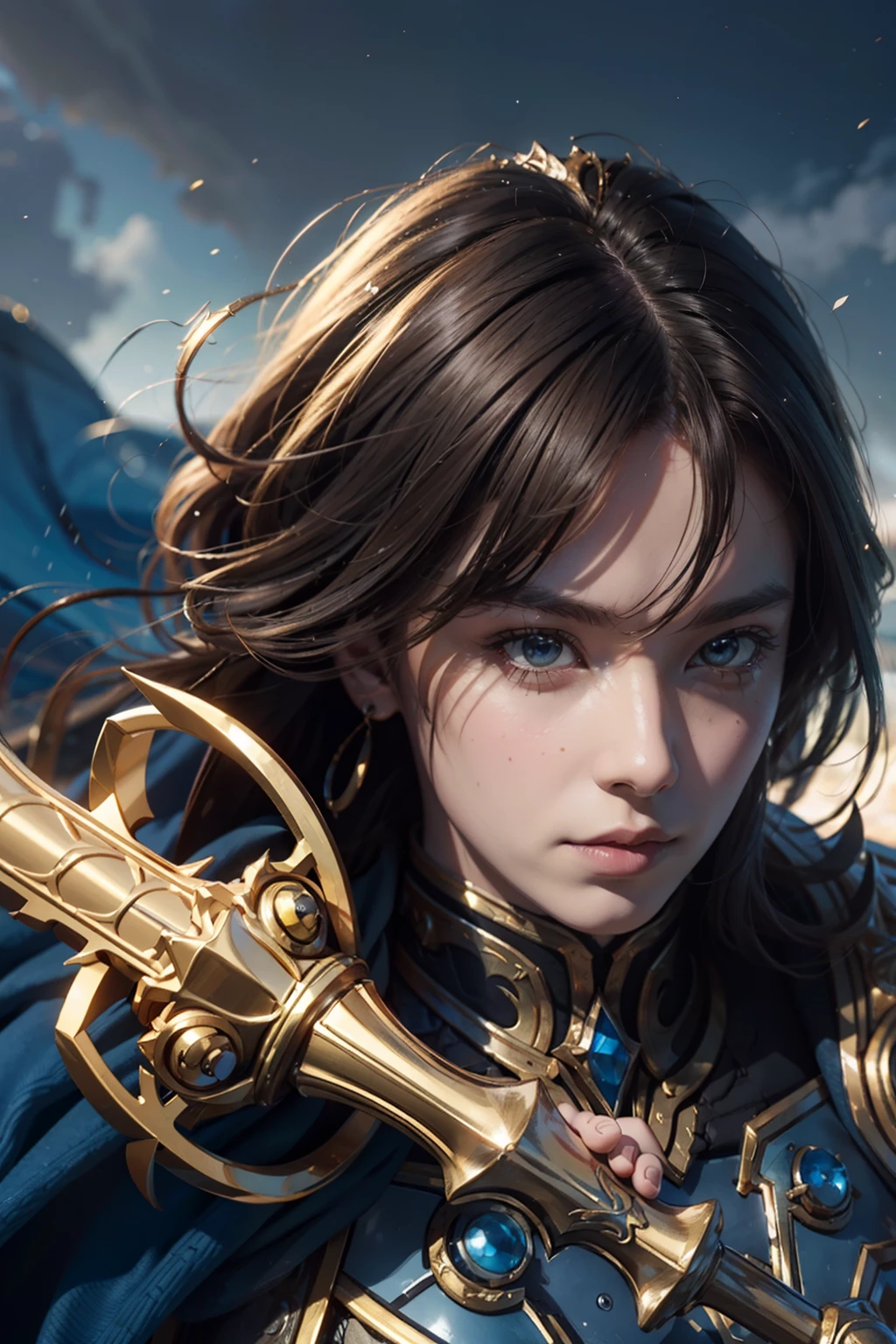8K,ultra-detailliert, masutepiece, Best Quality, (Extremely detailed), Dynamic Angle, mysterious expression, Wind-effect, Fantasy background, Rim lighting, ciinematic light, 超A high resolution, 8K UHD, Film grain,better shadows, tender, raw, light Particle, Detailed skin texture, detailed armor texture, Detailed face, Intricate details, ultra-detailliert, Bright, Strong, golden armour, (Holding hammer), Slashing, Smashing Actions, pauldrons, glowing yellow eyes, Long cape, Fantasy, (Realistic), Shoulder Armor, with an intricate, Convoluted, Perfect litthing, Look at viewers, Cinematic lighting, Flying in the sky,Flying, Holy Light, with a vibrant, Bangs, Windy, Paladin