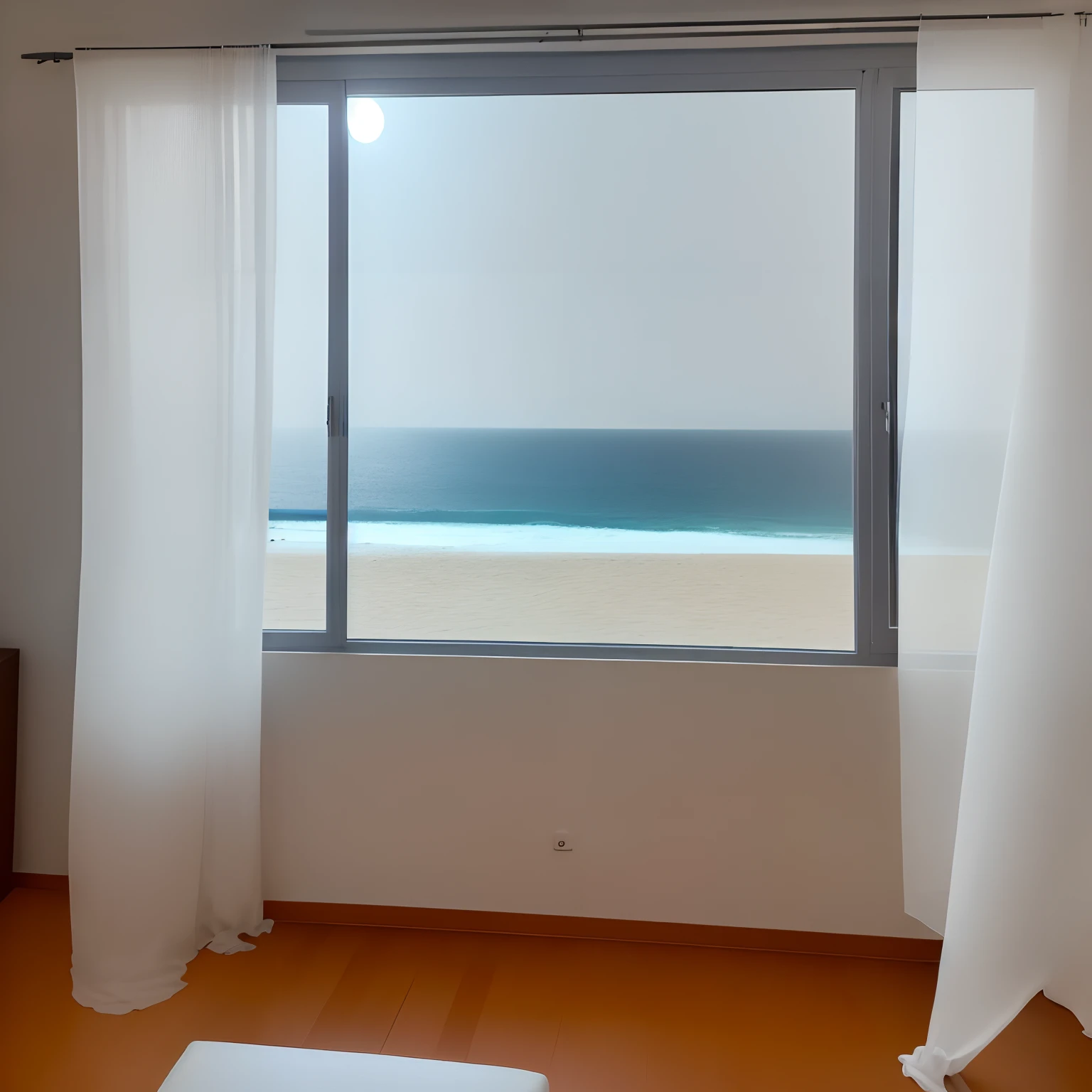 Um apartamento de frente para o mar, Panoramic view of the silver moon over the sea, part of the apartment as furniture from the living room and in the window soft breeze on the white curtain and in the background moon to Earth over the sea