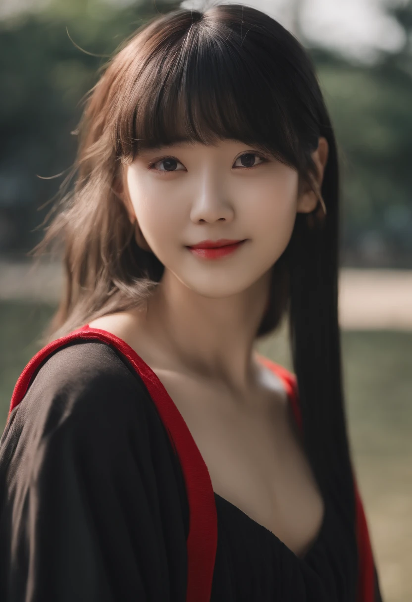 top-quality, Photorealsitic, ​masterpiece, 8K, Hi-Res, 独奏, 1girl, (((infp young woman))),sixteen years old、full bodyesbian、(small tits), ((Look at viewers)), (look at a camera), ((Various hairstyles close to long)）、Perfect straight black hair、With bangs、 (profetional lighting), Highly detailed bright face、Gentle Japan girl、Nice smiling face、Red T-shirt（long-sleeve）、Checked pleated skirt、Standing in front of the park