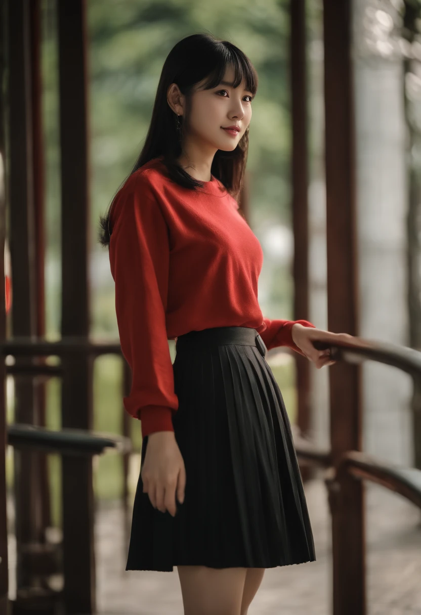 top-quality, Photorealsitic, ​masterpiece, 8K, Hi-Res, 独奏, 1girl, (((infp young woman))),sixteen years old、full bodyesbian、(small tits), ((Look at viewers)), (look at a camera), ((Various hairstyles close to long)）、Perfect straight black hair、With bangs、 (profetional lighting), Highly detailed bright face、Gentle Japan girl、Nice smiling face、Red T-shirt（long-sleeve）、Checked pleated skirt、Standing in front of the park