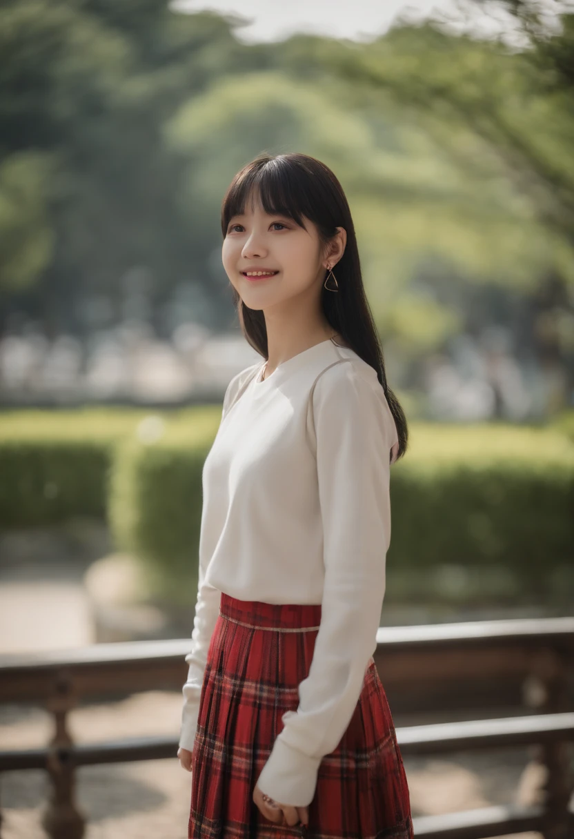 top-quality, Photorealsitic, masterpiece, 8K, Hi-Res, 独奏, 1girl, (((infp young woman))),sixteen years old、full bodyesbian、(small tits), ((Look at viewers)), (look at a camera), ((Various hairstyles close to long))、Perfect straight black hair、With bangs、 (profetional lighting), Highly detailed bright face、Gentle Japan girl、Nice smiling face、Red T-shirt(long-sleeve)、Checked pleated skirt、Standing in front of the park