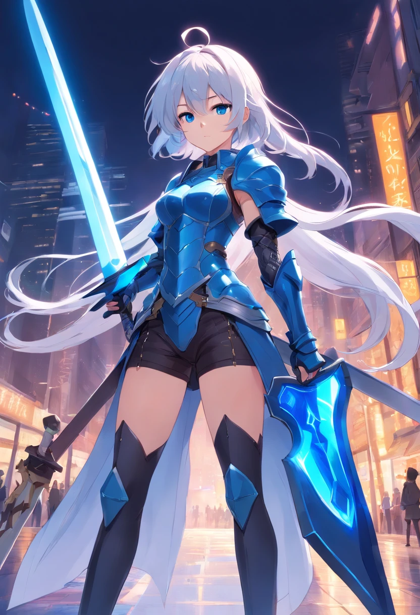 Front view、White-haired girl in armor、Blue colored eyes and blue eyes、He holds a long sword with sleepy eyes and an emotionless expression、Full body like、tights、high-heels