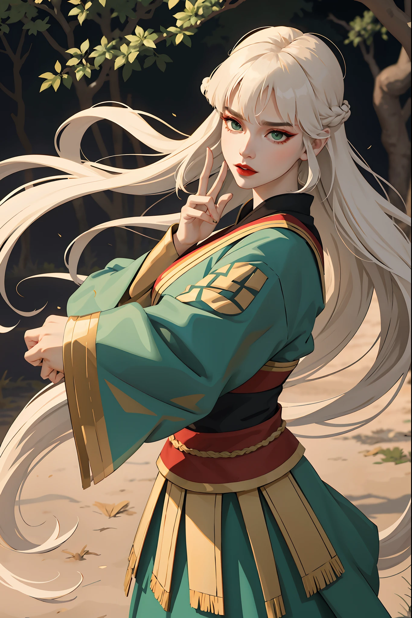 (masterpiece:1.2, best quality), (real picture, intricate details), 1lady, solo, upper body, fighting, fight pose, long hair, heavy makeup, white face, red lipstick, red eyeshadow, natural fabrics, close-up face, serious, warrior, female warrior, armour, really long light platinum blonde hair, platinum blonde voluminous hair, cute bangs, hair bangs, bangs between eyes, soft bangs on forehead, green eyes, mature face, 1female, 1woman, 1beautiful girl, Kyoshi uniform, Kyoshi makeup, Kyoshi Warrior (Avatar the Last Airbender), (fighting), (fight pose)