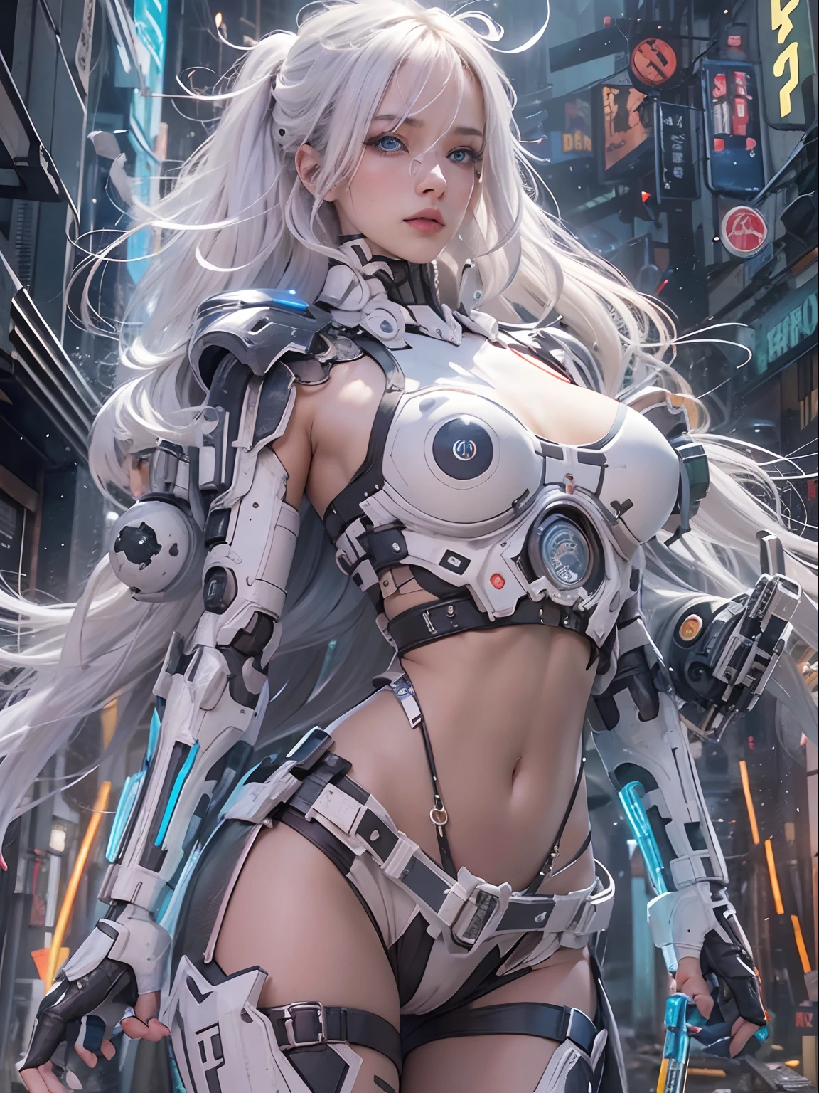 nsfw, 1girl, nude, full body, cyberpunk, mecha, mechanics, (masterpiece: 1.4), (8K, realistic, raw photo, best quality: 1.4), naked, nipple areola shape clear, beautiful breasts, Japanese girl, beautiful cute face, (real face: 1.4), perfect pussy, beautiful hairstyle, realistic blue eyes, beautiful detail eyes, (real skin: 1.3), beautiful skin, attractive, angry face, ultra high resolution, ultra realistic, cinematic lighting, white colored hair, long hair, ribbons, city ruins, futuristic world