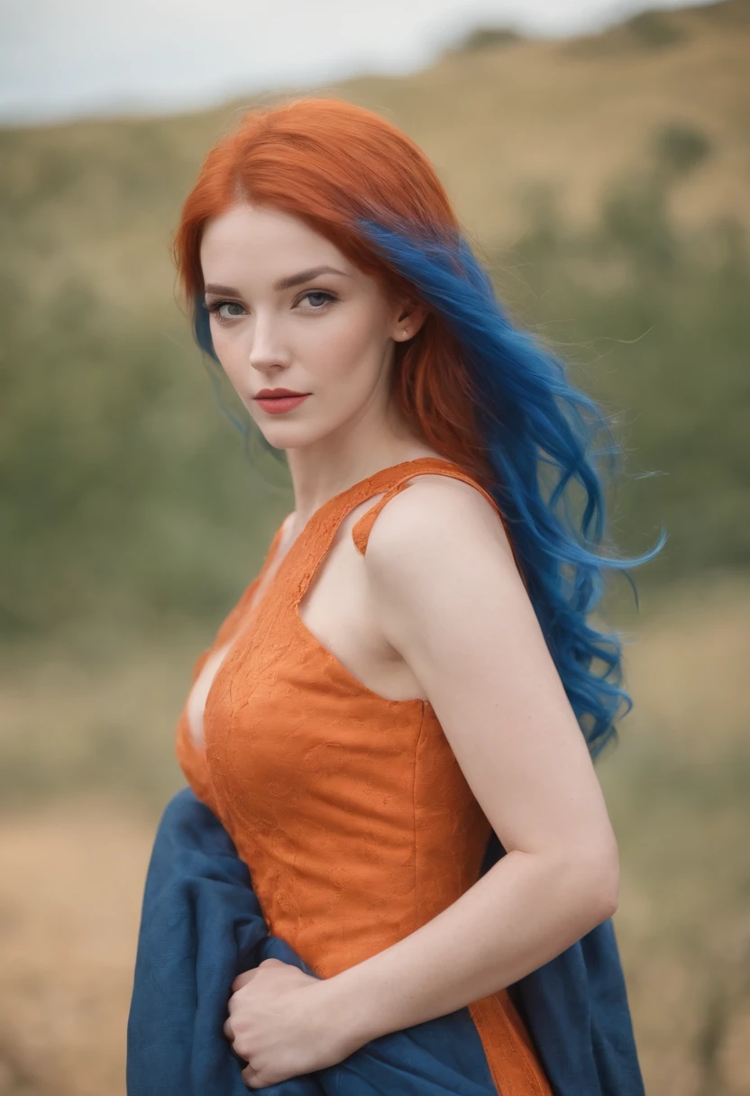 Masterpiece, Best quality, Solo, 1girll, Orange hair, Blue hair, :D, Orange dress, view the viewer, Outdoors, standing, full bodyesbian, Cowboy shot, Hands on hips,