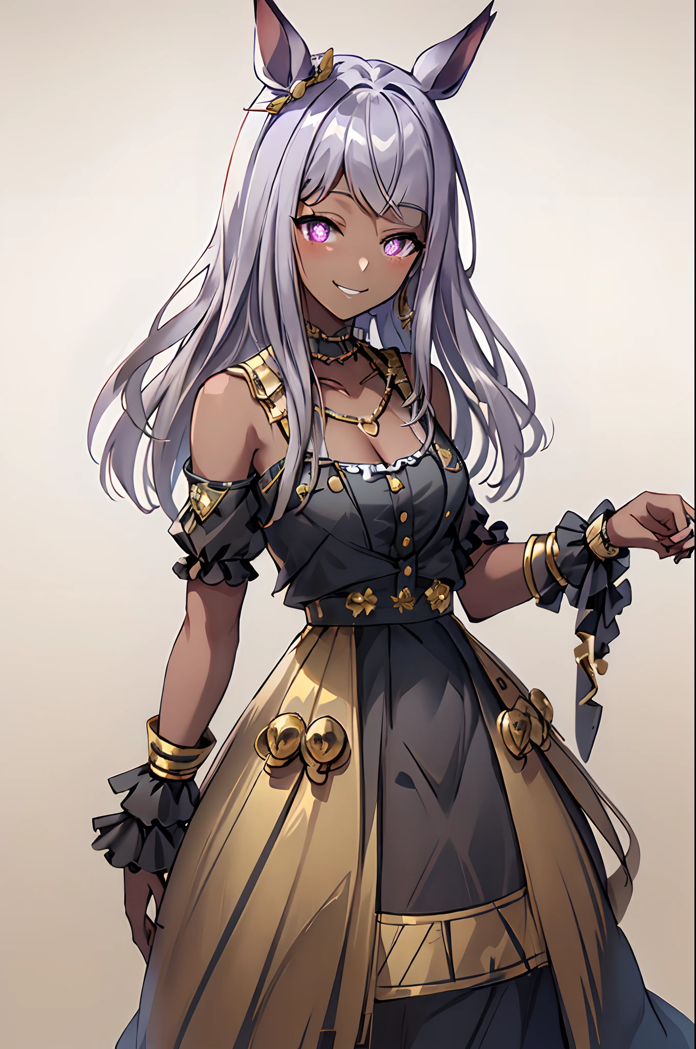 (masterpiece, best quality:1.2), Egypt, 1girl, Mejiro McQueen, Mejiro McQueen\(evening dress\), bare shoulders, bright pupils, hair_ornament, horse ears, horse girl, long hair, mejiro_mcqueen_\(umamusume\), official_alternate_costume, purple eyes, silver hair, necklace, jewelry, headdress, golden accessories, (golden), cleavage, shiny glossy skin, smile, BlackGirl, very dark skin, dark-skinned female, gradient background,