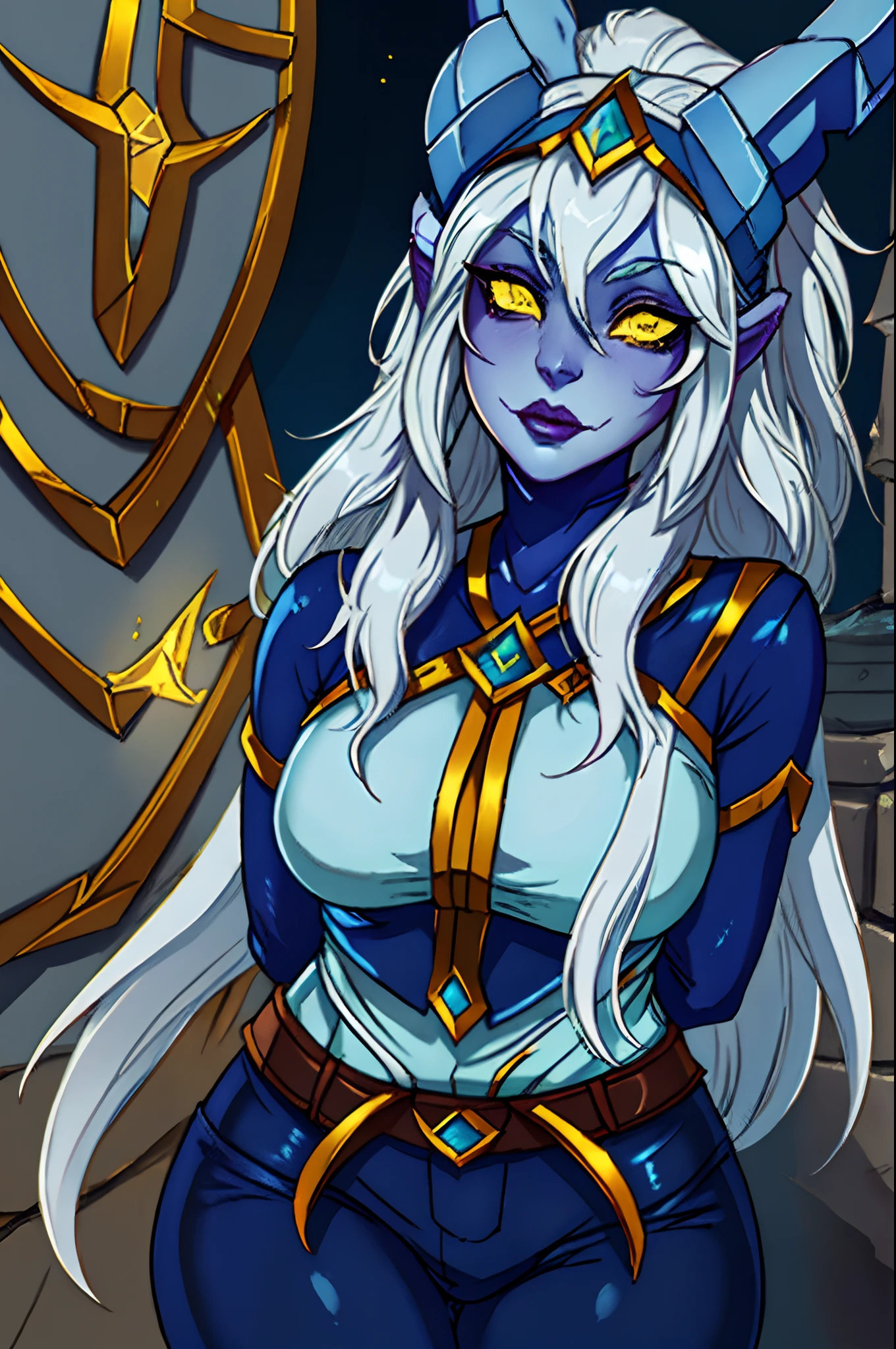 1girl, cowboy shot of beautiful draenei paladin, shedrn, gray skin, white hair, warcraft, master piece, best quality, portrait, yellow glowing eyes, gray horns