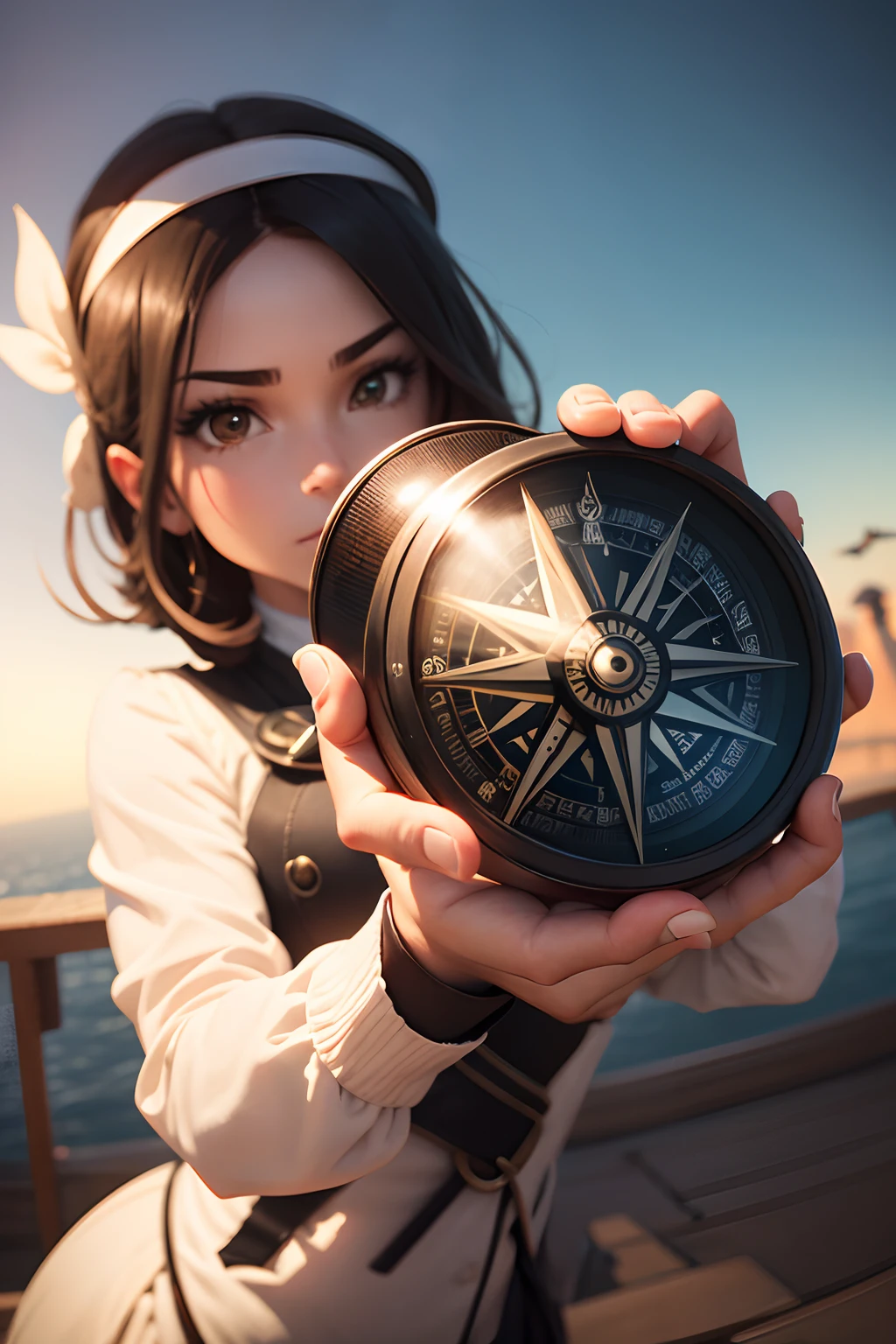 A stylized compass with a built-in magnifying glass, representando a busca e direcionamento no mundo SEO. The compass pointer points to the word "SEO" que brilha de forma sutil, como um destino precioso.