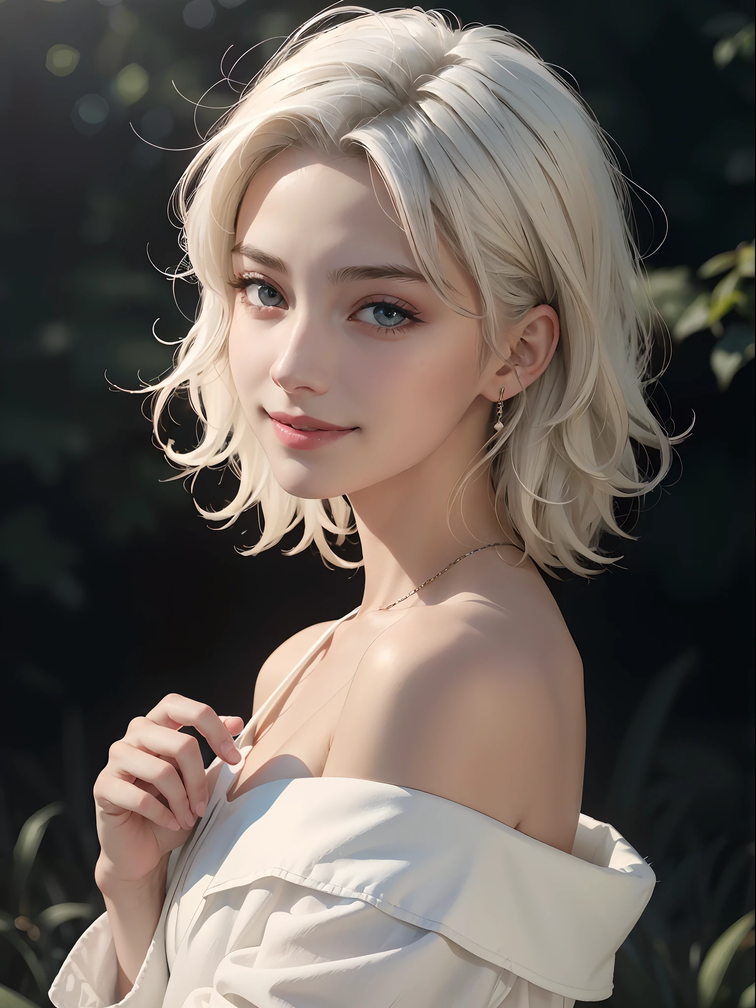 Best quality, masterpiece, ultra high res, (photorealistic:1.5), raw photo, 1girl, offshoulder, in the dark, deep shadow, low key, cold light, sexy look, white hair, short wavy hair, light smile