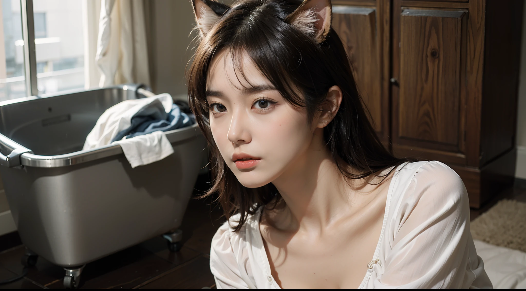 1girll，Moyou masterpiece，top-quality，best qualityer，offcial art，Beauty and aesthetics：1.2），（tmasterpiece：1.3）， （8K， realisticlying， RAW photos， best qualtiy： 1.4）， beauitful face， （photorealisti：1.8），超高分辨率， Ultra photo realsisim， highly  detailed， the golden ratio， （with dynamism：1.3），（Saturation：1.3），illusory engine， (High detail: 1.9)，（femele：1.4），（Large breasts），wasteland，cat ear，look of anguish，torn laundry