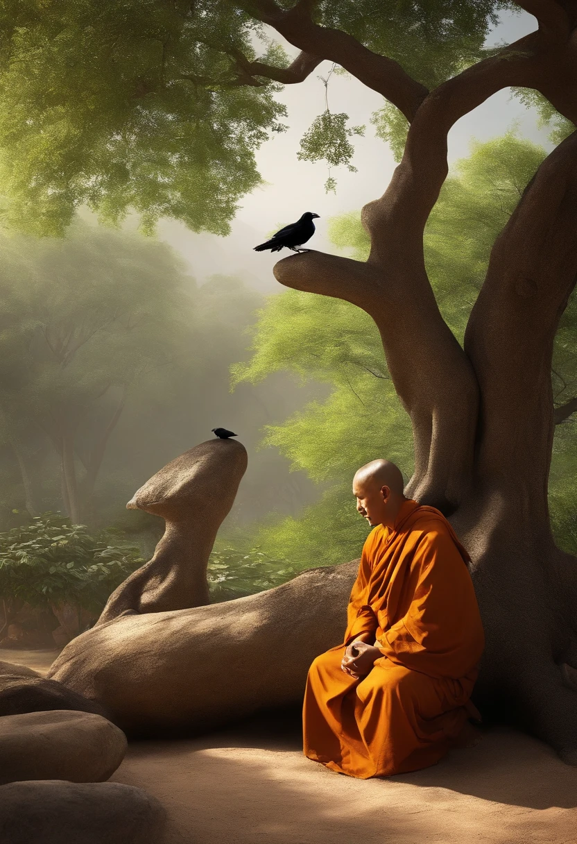 Realistic image of a monk centered under a tree the monk is a wise lord and talking to a sad crow