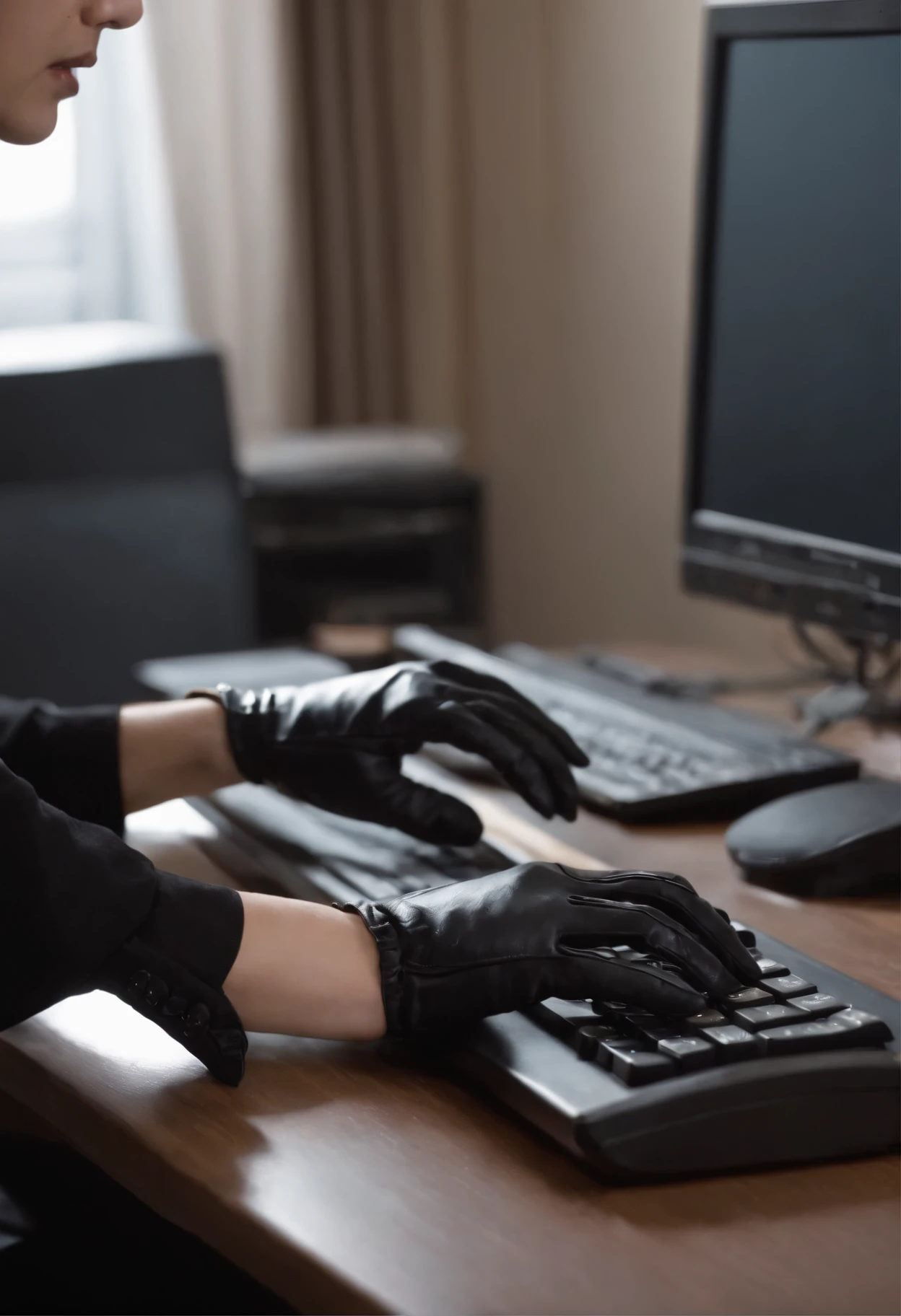 Wearing black leather gloves on both hands, Upper body, Black business suit, Facing the desk in my room with a computer in the dark, Tapping the keys on the computer keyboard with the fingertips of black leather gloves while looking at the screen, Black hair was tied back for a long time, Japan female new employees (Black leather gloves cover both hands) (The angle is in front)