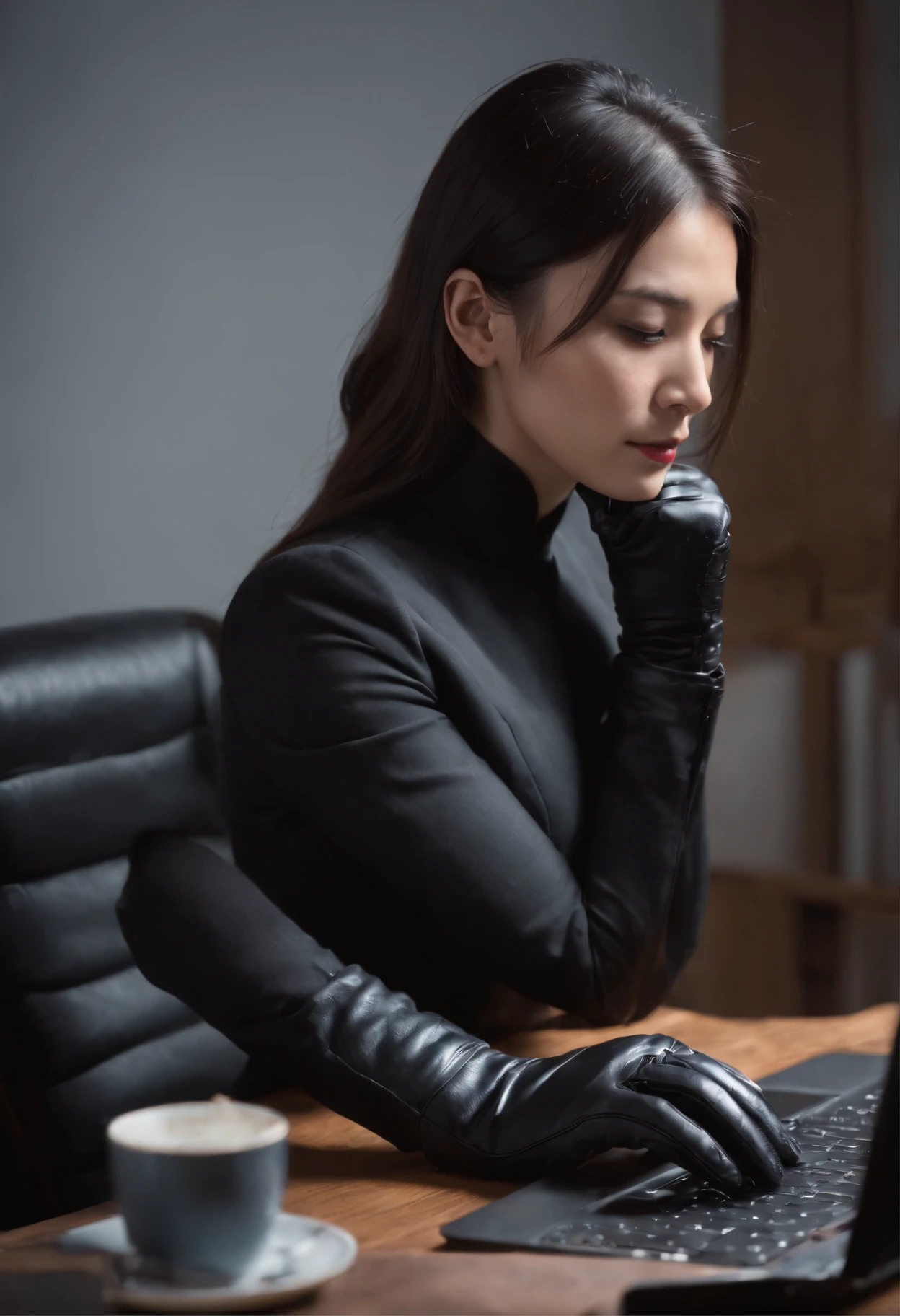 Wearing black leather gloves on both hands, Upper body, Black business suit, Facing the desk in my room with a computer in the dark, Tapping the keys on the computer keyboard with the fingertips of black leather gloves while looking at the screen, Black hair was tied back for a long time, Japan female new employees (Black leather gloves cover both hands) (The angle is in front)