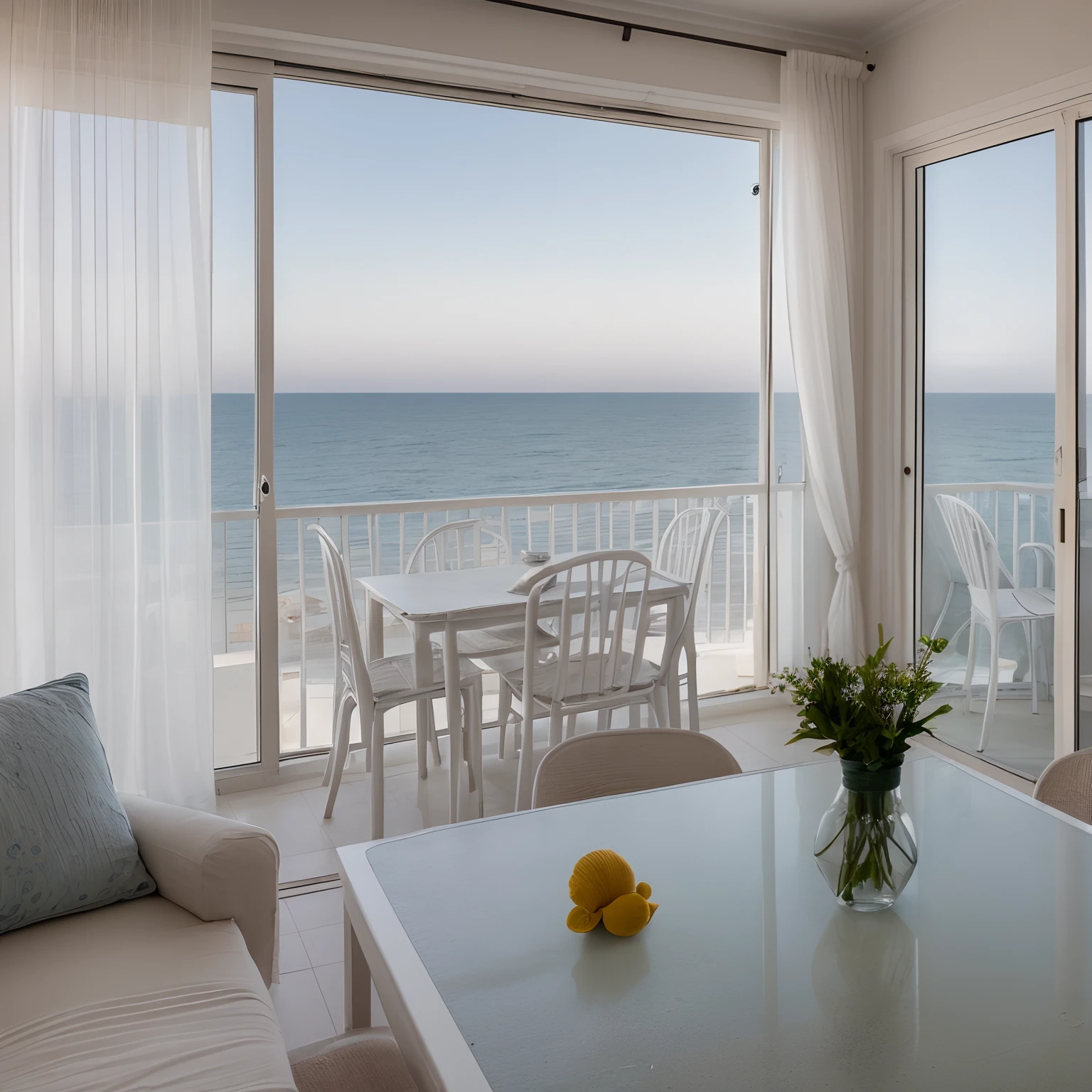 Um apartamento de frente para o mar, Panoramic view of the silver moon over the sea, part of the apartment as living room furniture and in the window gentle breeze on the white curtain and moon background to the Earth over the sea, romantic setting, mesa de jantar para dois, casal apaixonado