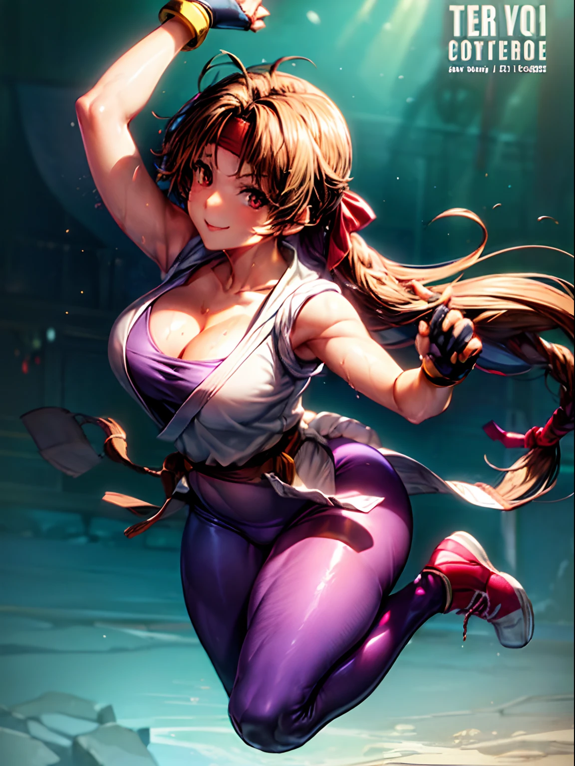 (masterpiece:1.1), (best quality:1.2), (ultra high res:1.2), 16k,super fine illustration, soft lighting, 1girl, ((yurims)), ,((red headband)), (((open clothes dougi))), spandex, gloves, fingerless gloves, ((leggings)), 20yo, (((slim body))), beautiful face, beautiful hair, (((cleavage, saggy breasts))), ((hanging breasts)), (((breasts apart))), (big ass), (((lovely eyes))), shiny body, beautiful skin, (((very humid sweaty))), (((shiny skin))), , anime, realistic, (((cute smile, happy))), anime screencap, dynamic pose, dynamic angle, (full body),